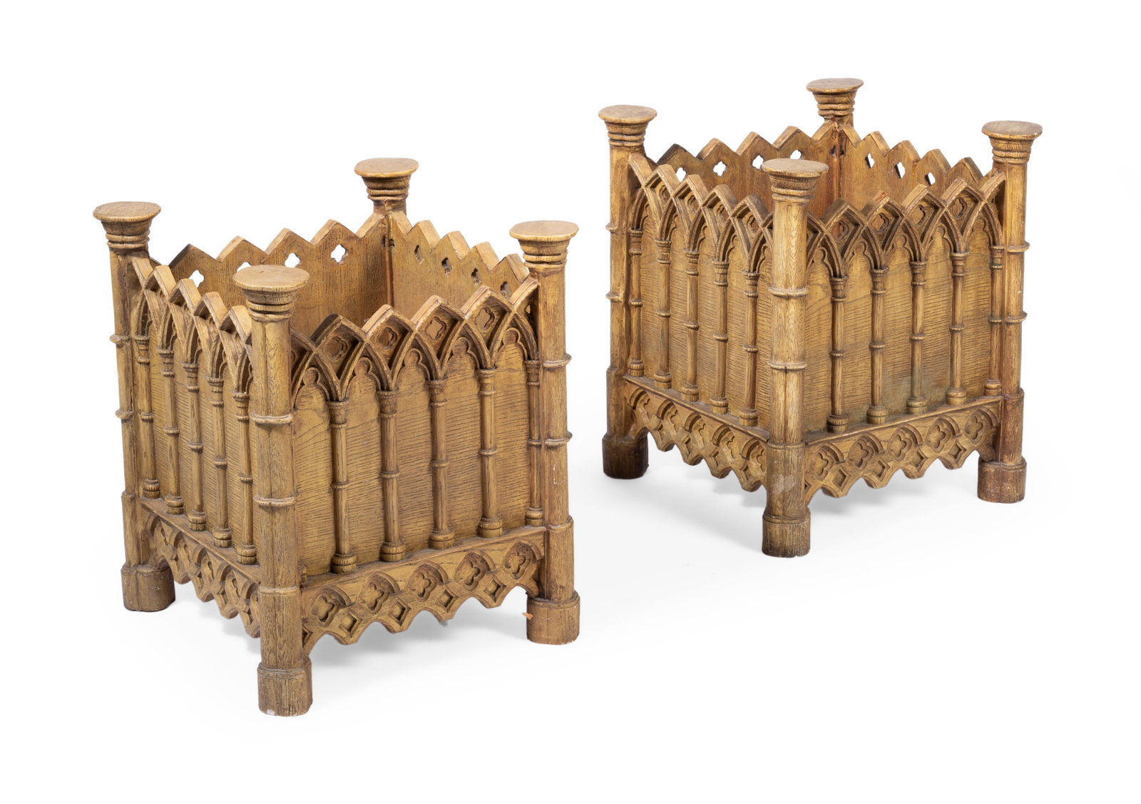 A PAIR OF YELLOW PAINTED ‘GOTHIC’ PLANTERS, LATE 20TH CENTURY (1 of 2)