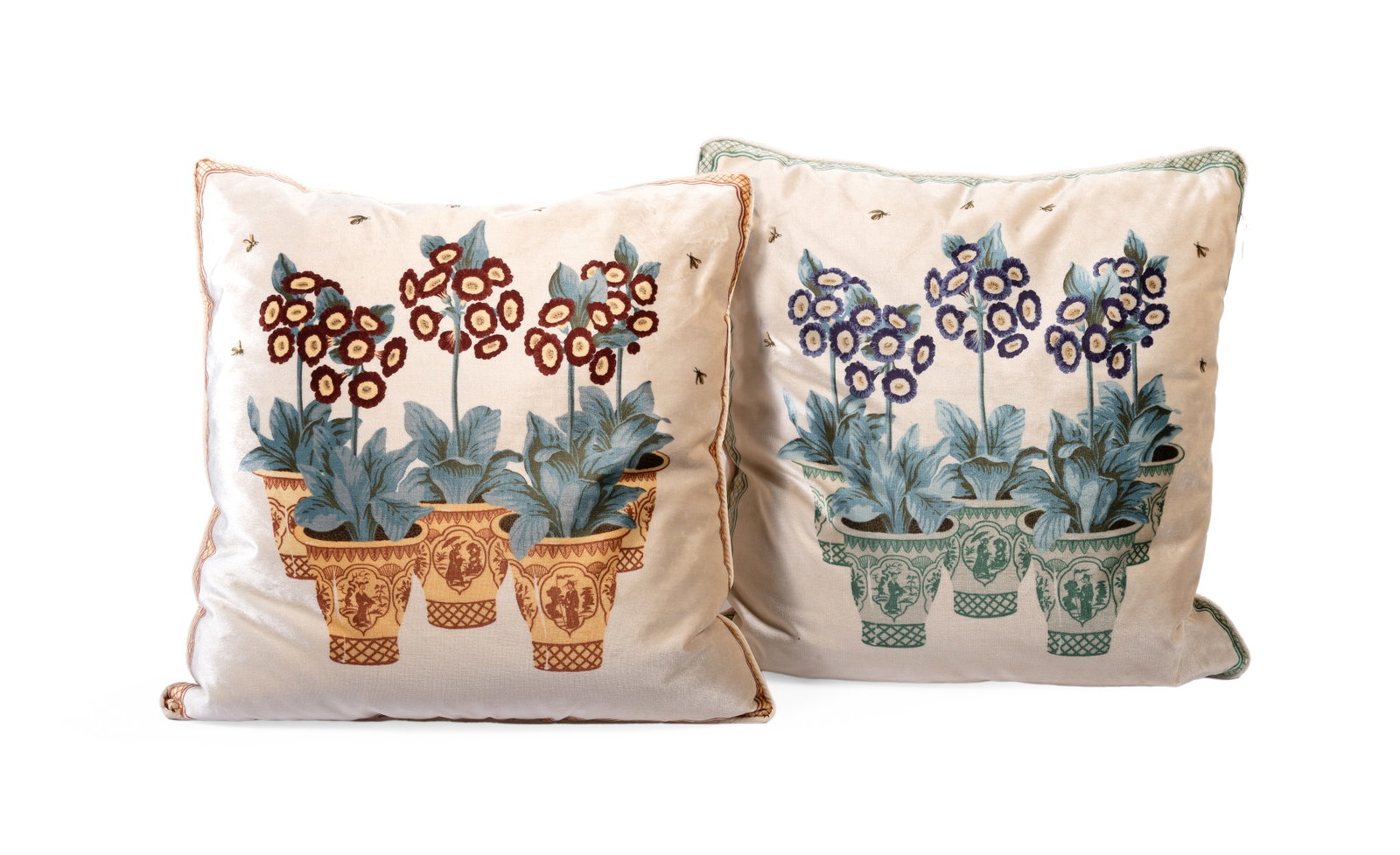 A PAIR OF PRINTED VELVET CUSHIONS, BY GEORGE OAKES, LATE 20TH CENTURY: A PAIR OF PRINTED VELVET CUSHIONS BY GEORGE OAKES, LATE 20TH CENTURY Depicting auriculas in pots approximately 50 x 50cm Condition Report Disclaimer