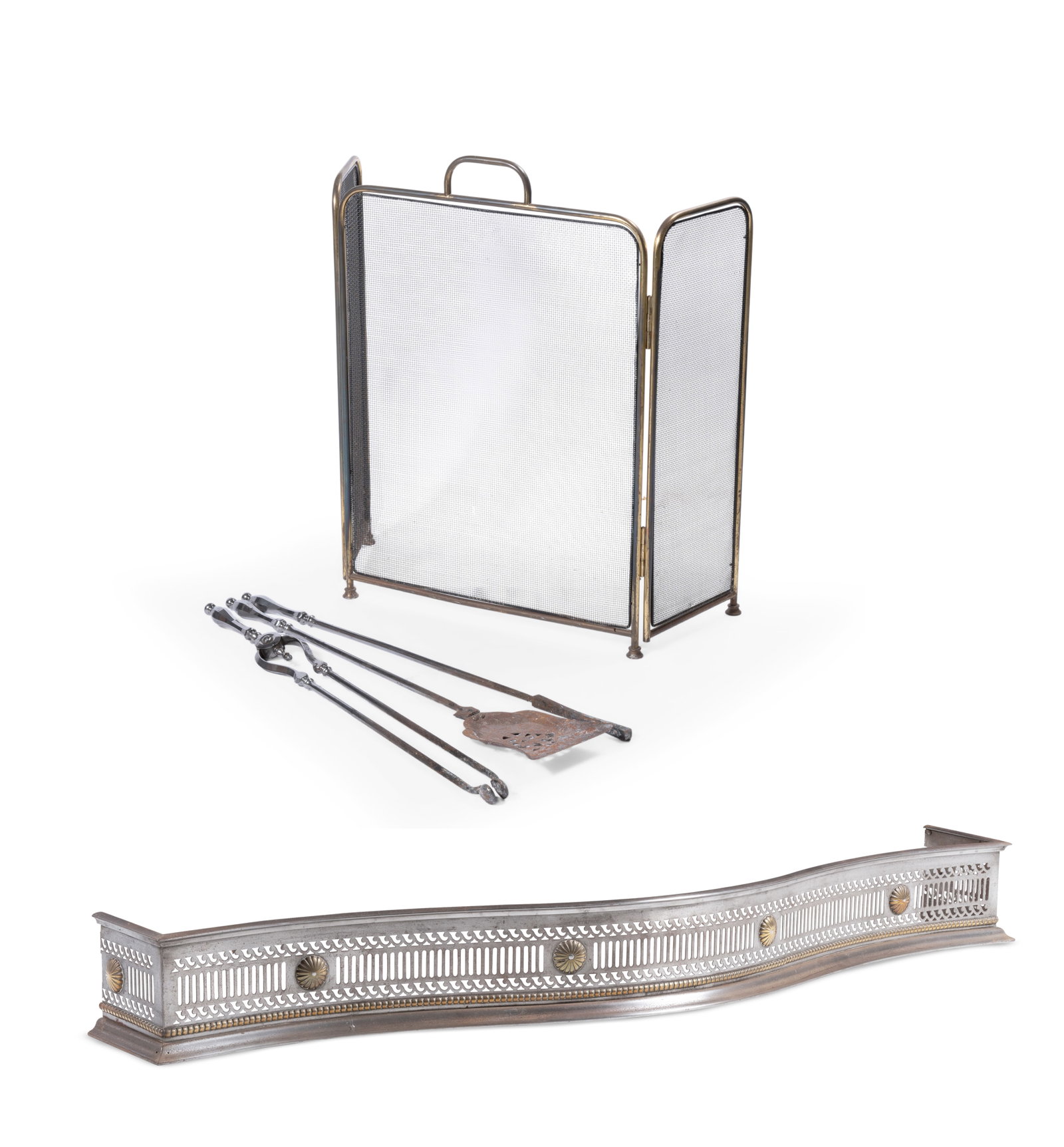 A GEORGE III BRUSHED STEEL SERPENTINE FIRE FENDER, CIRCA 1800, WITH FOUR FURTHER ITEMS (1 of 3)