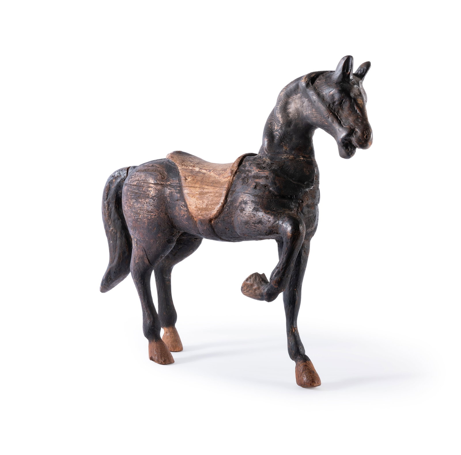 A POLYCHROME PAINTED WOODEN FIGURE OF A HORSE, 20TH CENTURY: A POLYCHROME PAINTED WOODEN FIGURE OF A HORSE 20TH CENTURY 62cm high, 72cm long Condition Report: With wear, marks, knocks and scratches as per age, handling, use, and cleaning Some old chips,