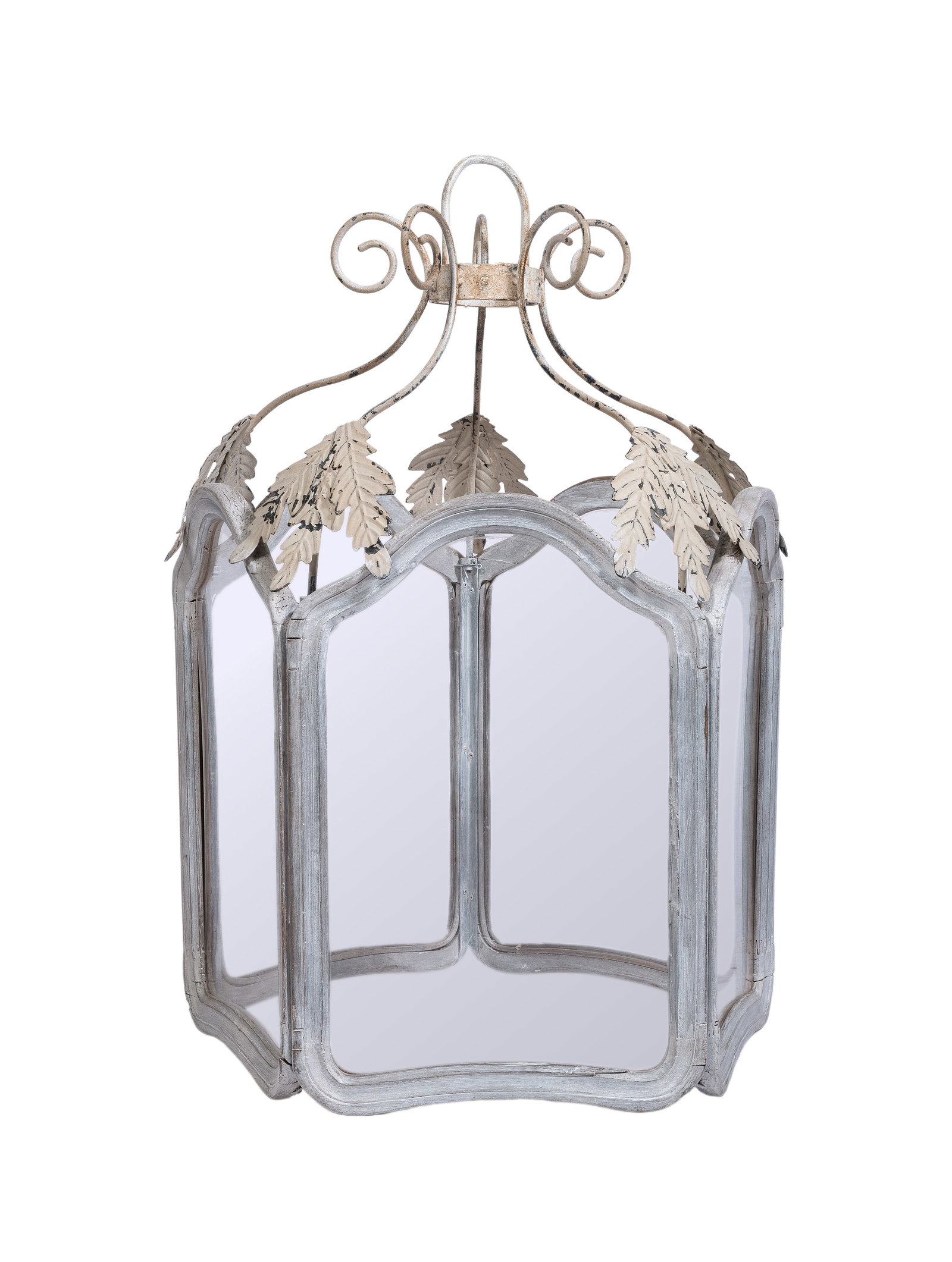 A PAINTED AND LIME WASHED WOOD HALL LANTERN, 20TH CENTURY: A PAINTED AND LIME WASHED WOOD HALL LANTERN 20TH CENTURY With five tôle scroll and leaf supports and arched glazed panels 92cm high, 64cm wide Provenance: Woolley & Wallis, Furniture, Works
