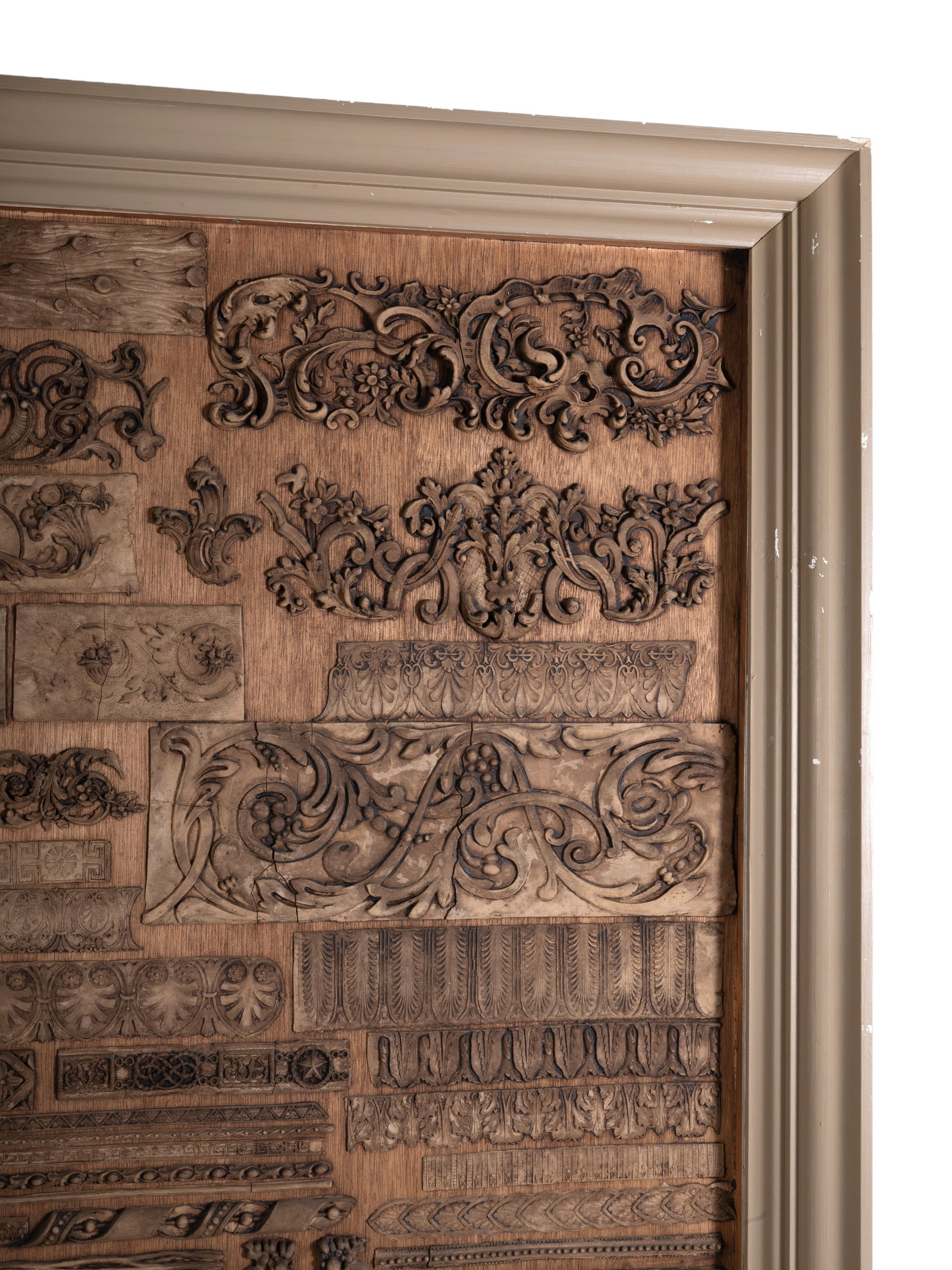 A PAIR OF FRAMED PANELS OF PLASTER SAMPLE MOULDINGS, ELEMENTS PROBABLY 19TH CENTURY AND LATER - 4