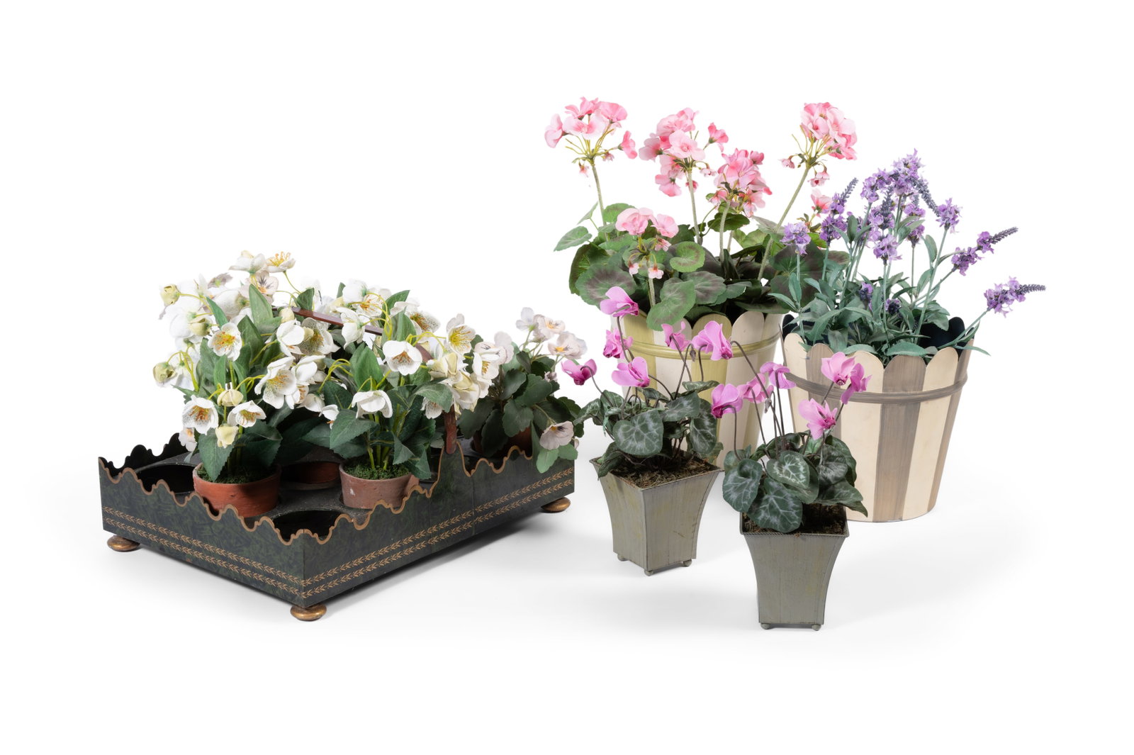 A GREEN AND GILT PAINTED TOLE GARDENER’S PLANT POT TRAY, 20TH CENTURY, AND FOUR FURTHER PLANT  - 2