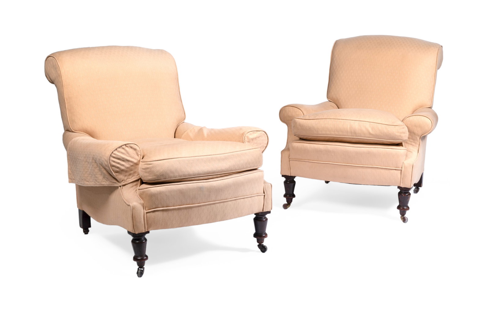 A PAIR OF EDWARDIAN UPHOLSTERED ARMCHAIRS, IN THE MANNER OF HOWARD AND SONS, FIRST HALF 20TH CENTURY: A PAIR OF EDWARDIAN UPHOLSTERED ARMCHAIRS IN THE MANNER OF HOWARD AND SONS, FIRST HALF 20TH CENTURY 90cm high, 72cm wide, 85cm deep Provenance: Adams, At Home, 14 June 2023, lot 307 Condition Report: