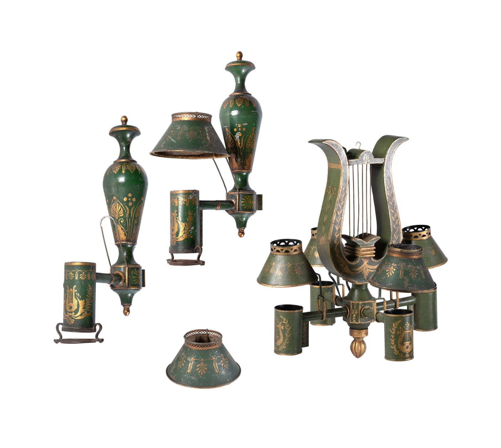 A TOLE AND COMPOSITION FOUR BRANCH LYRE SHAPED CHANDELIER, ALONG WITH TWO WALL LIGHTS: A TOLE AND COMPOSITION FOUR BRANCH LYRE SHAPED CHANDELIER LATE 19TH CENTURY 46cm high Together with a pair of matching wall lights (3) Condition Report: PLEASE NOTE: ALL LOTS ARE LOCATED AT