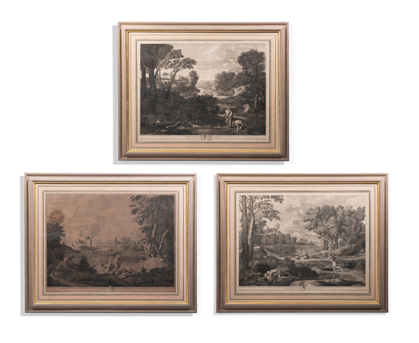 ÉTIENNE BAUDET (FRENCH 1638-1711), AFTER NICOLAS POUSSIN, THREE CLASSICAL LANDSCAPES: ÉTIENNE BAUDET (FRENCH 1638-1711), AFTER NICOLAS POUSSIN THREE CLASSICAL LANDSCAPES Engravings 57.5 x 76cm (22½ x 29¾in.) Each in Georg