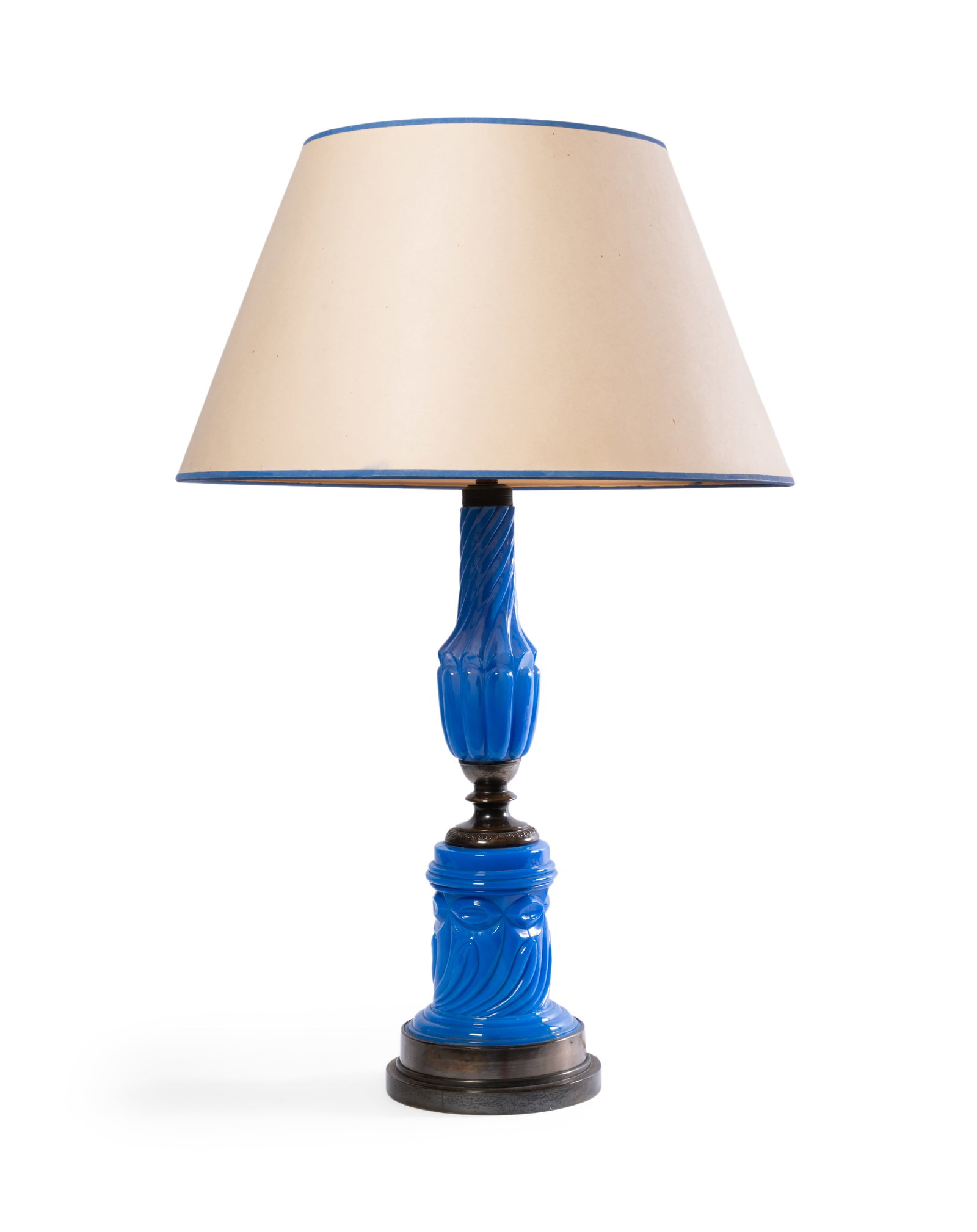 A BLUE GLASS TABLE LAMP, FRENCH, 20TH CENTURY: A BLUE GLASS TABLE LAMP FRENCH, 20TH CENTURY Fitted for electricity, with card shade 71cm high overall Condition Report Disclaimer