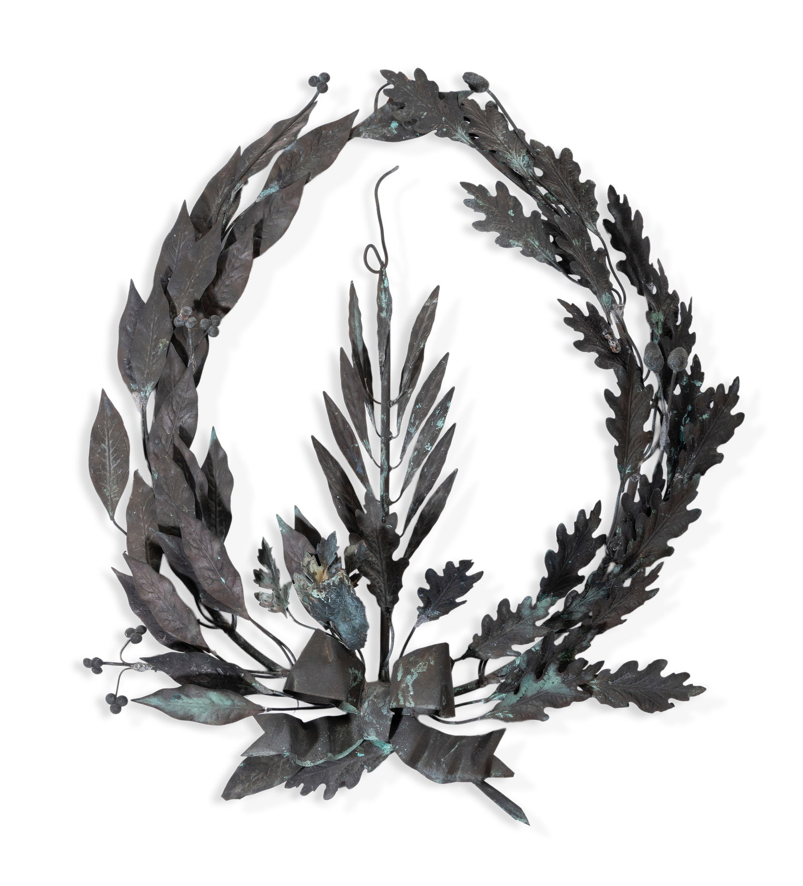 A GREEN PAINTED TOLE WREATH WALL DECORATION, 19TH CENTURY: A GREEN PAINTED TOLE WREATH WALL DECORATION 19TH CENTURY 60cm high, 50cm wide Condition Report: With wear, marks, knocks and scratches as per age, handling, use, and cleaning With an attractive