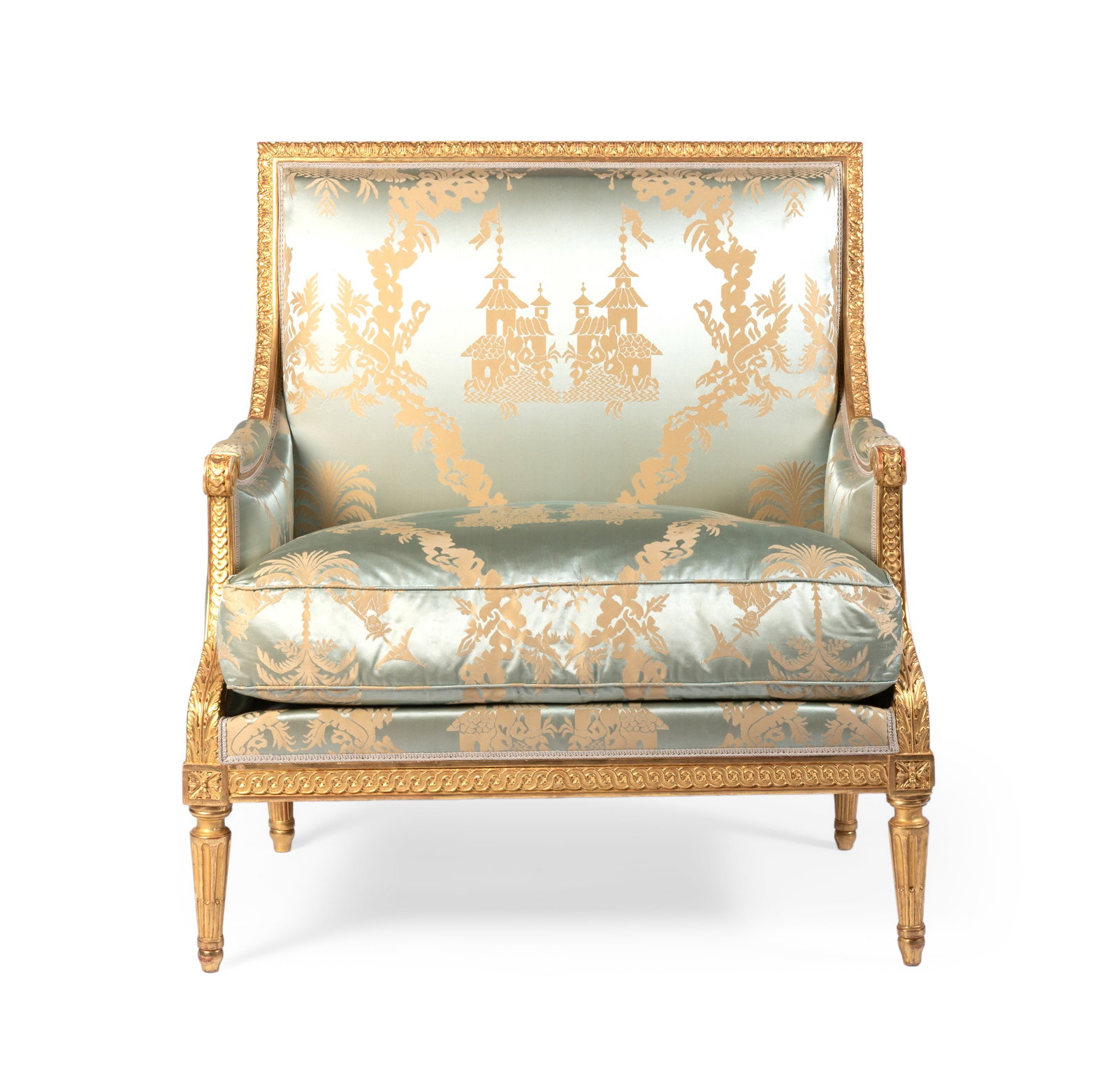 A LOUIS XVI GILTWOOD CANAPE, BY HENRI JACOB, LATE 18TH CENTURY: A LOUIS XVI GILTWOOD CANAPE BY HENRI JACOB, LATE 18TH CENTURY Back rail stamped 'H. JACOB' 99.5cm high, 89cm wide, 59cm deep Provenance: Couturier & Nicolay, 10 June 1998, lot 301 Bonhams, The
