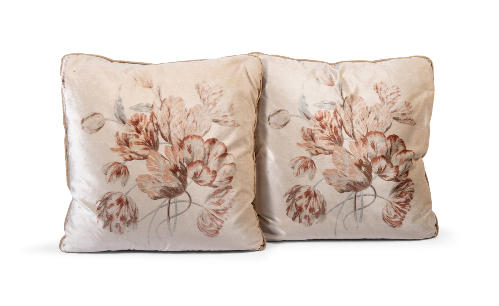 A PAIR OF PRINTED VELVET FLORAL CUSHIONS, BY GEORGE OAKES, LATE 20TH CENTURY: A PAIR OF PRINTED VELVET FLORAL CUSHIONS BY GEORGE OAKES, LATE 20TH CENTURY approximately 50 x 50cm Condition Report Disclaimer