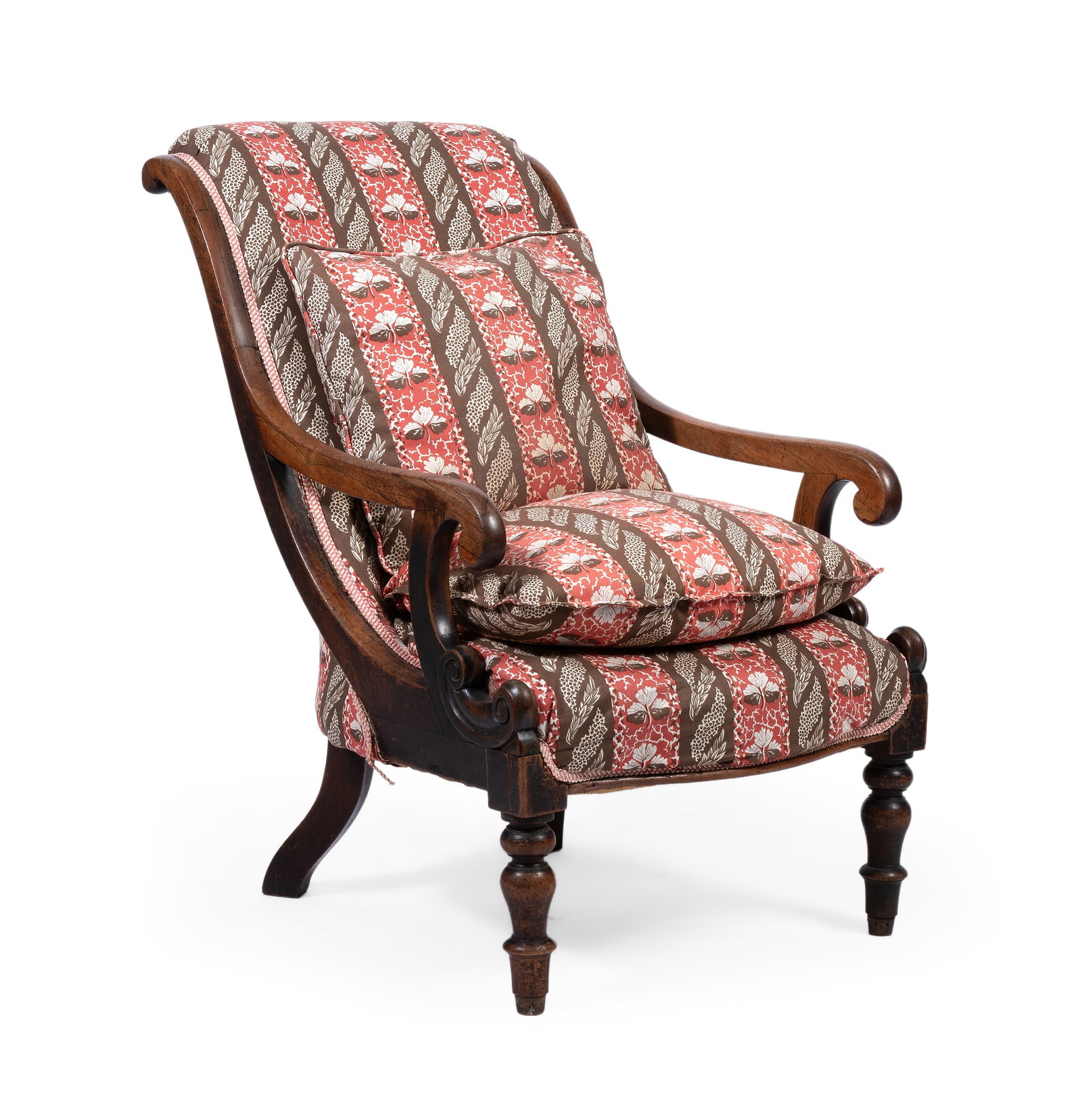 Y AN EARLY VICTORIAN ROSEWOOD ARMCHAIR, MID 19TH CENTURY: Y AN EARLY VICTORIAN ROSEWOOD ARMCHAIR MID 19TH CENTURY Upholstered in Sibyl Colefax & John Fowler ‘Strawberry Leaf’ fabric, with two loose cushions in the same fabric 89cm high,