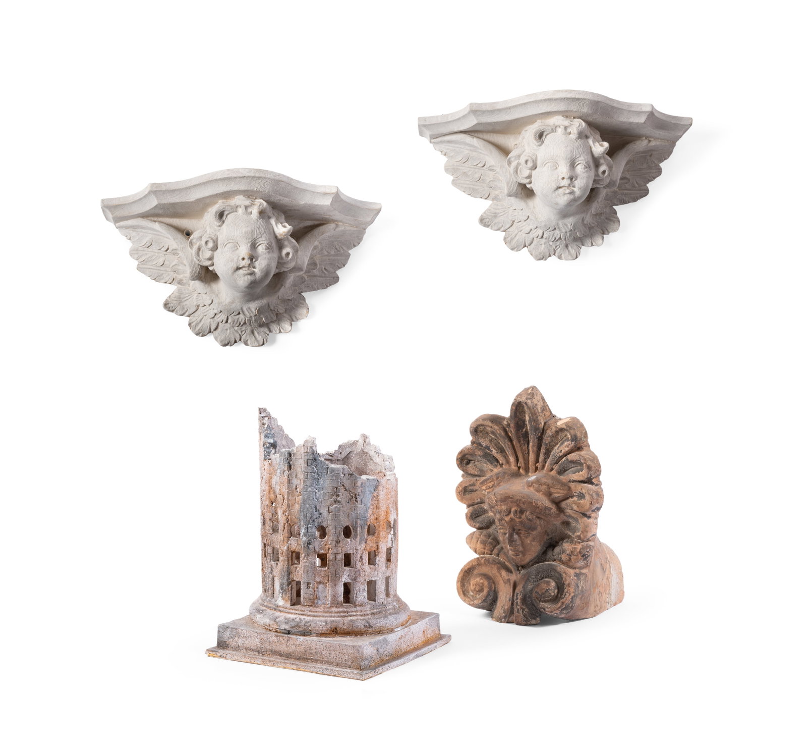 A MODEL OF THE BROKEN COLUMN HOUSE, BY HUGH COLVIN, TOGETHER WITH THREE FURTHER ITEMS: A BISCUIT POTTERY ARCHITECTURAL MODEL OF THE BROKEN COLUMN HOUSE, IN THE GARDEN OF 'DESERT DE RETZ' BY HUGH COLVIN, 1991 Limited edition 18/20 23cm high Together with a terracotta roof ornament, 25cm