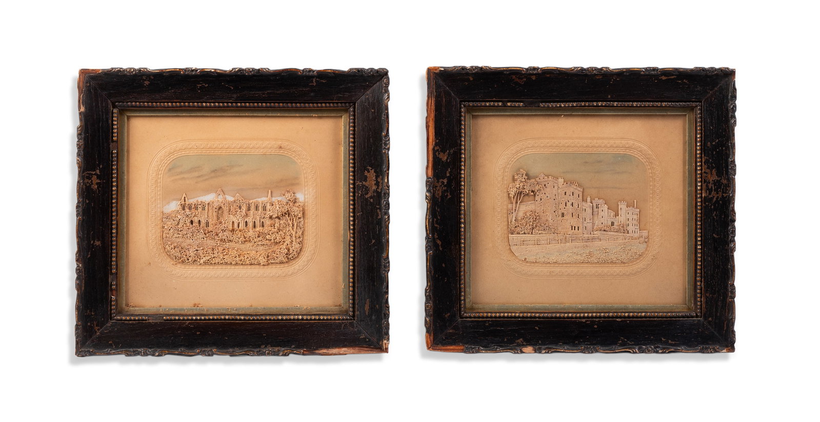BRITISH SCHOOL (19TH CENTURY), VIEWS OF A CASTLE AND AN ABBEY (2): BRITISH SCHOOL (19TH CENTURY) VIEWS OF A CASTLE AND AN ABBEY Cork and watercolour heightened with white Each 17.5 x 19.5cm (6¾ x 7½in.) (2) Condition Report Disclaimer