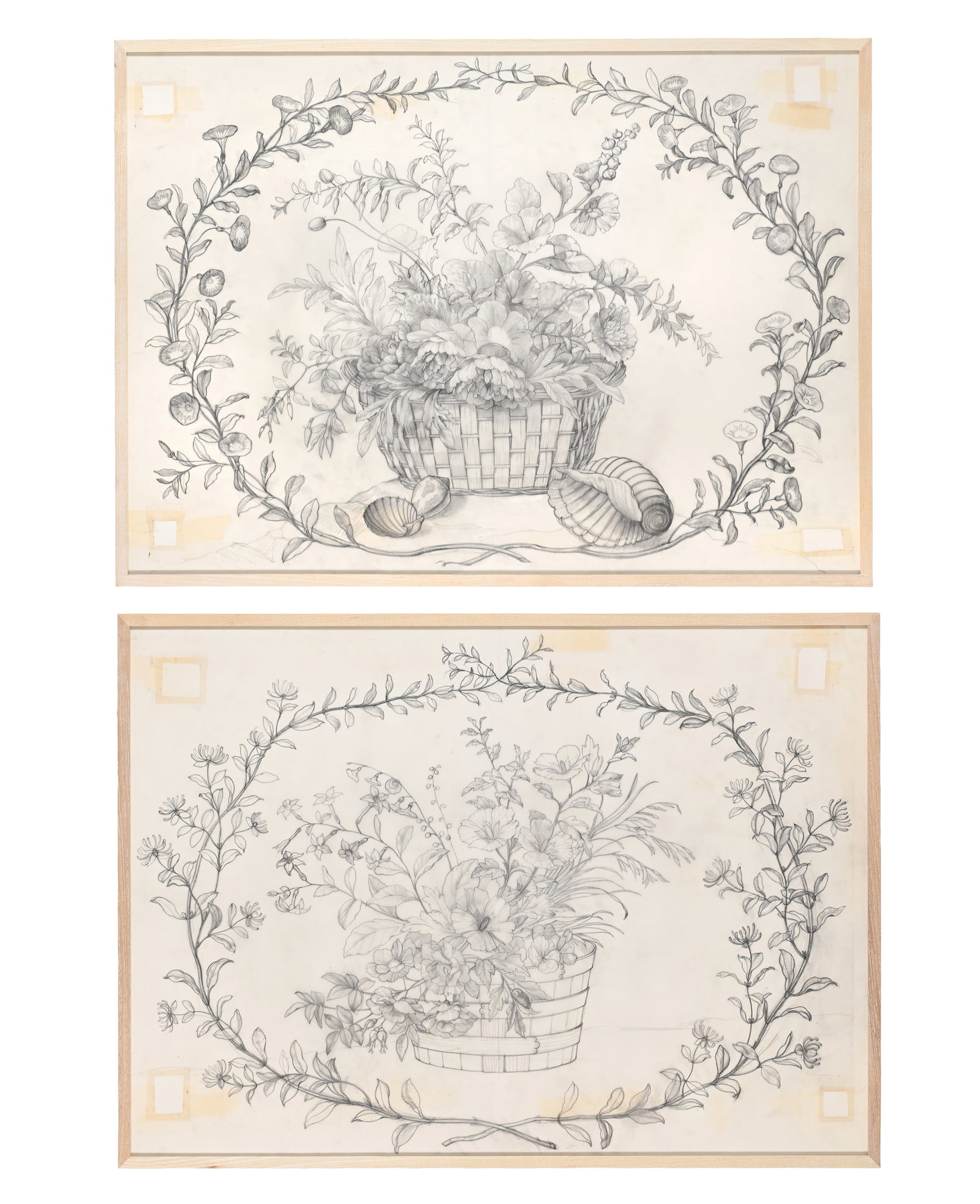 GEORGE OAKES (BRITISH 1927-2017), A PAIR OR PREPARATORY SKETCHES OF STILL LIFES IN FLOWER GARLANDS: GEORGE OAKES (BRITISH 1927-2017) A PAIR OR PREPARATORY SKETCHES OF STILL LIFES WITHIN FLOWER GARLANDS Pencil 62 x 87cm (24¼ x 34¼in.) (2) Condition Report Disclaimer