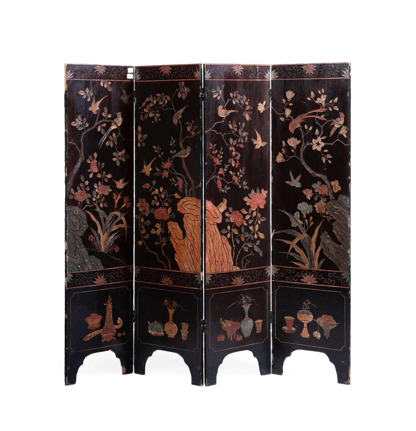 A CHINESE BLACK LACQUERED AND POLYCROME SCREEN, 19TH CENTURY: A CHINESE BLACK LACQUERED AND POLYCROME SCREEN 19TH CENTURY Each panel 150.5cm high, 41cm wide Provenance: Fernando Duran, Auction, Madrid Condition Report: PLEASE NOTE: ALL LOTS ARE LOCATED AT