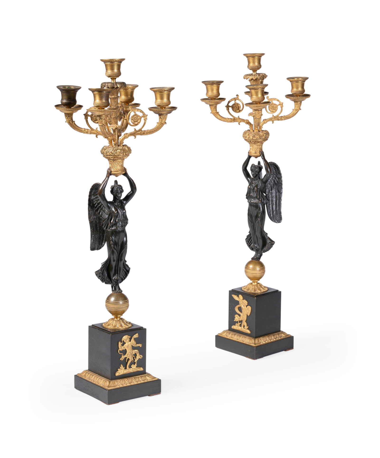 A PAIR OF FRENCH 'EMPIRE' GILT AND PATINATED BRONZE CANDELABRA, CIRCA 1840 (1 of 4)