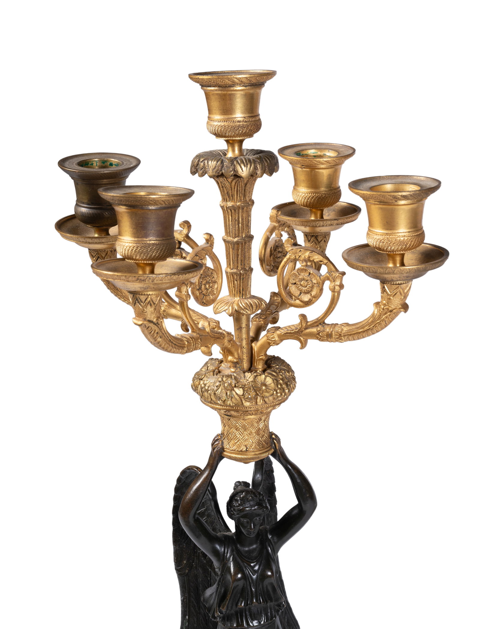 A PAIR OF FRENCH 'EMPIRE' GILT AND PATINATED BRONZE CANDELABRA, CIRCA 1840 - 2