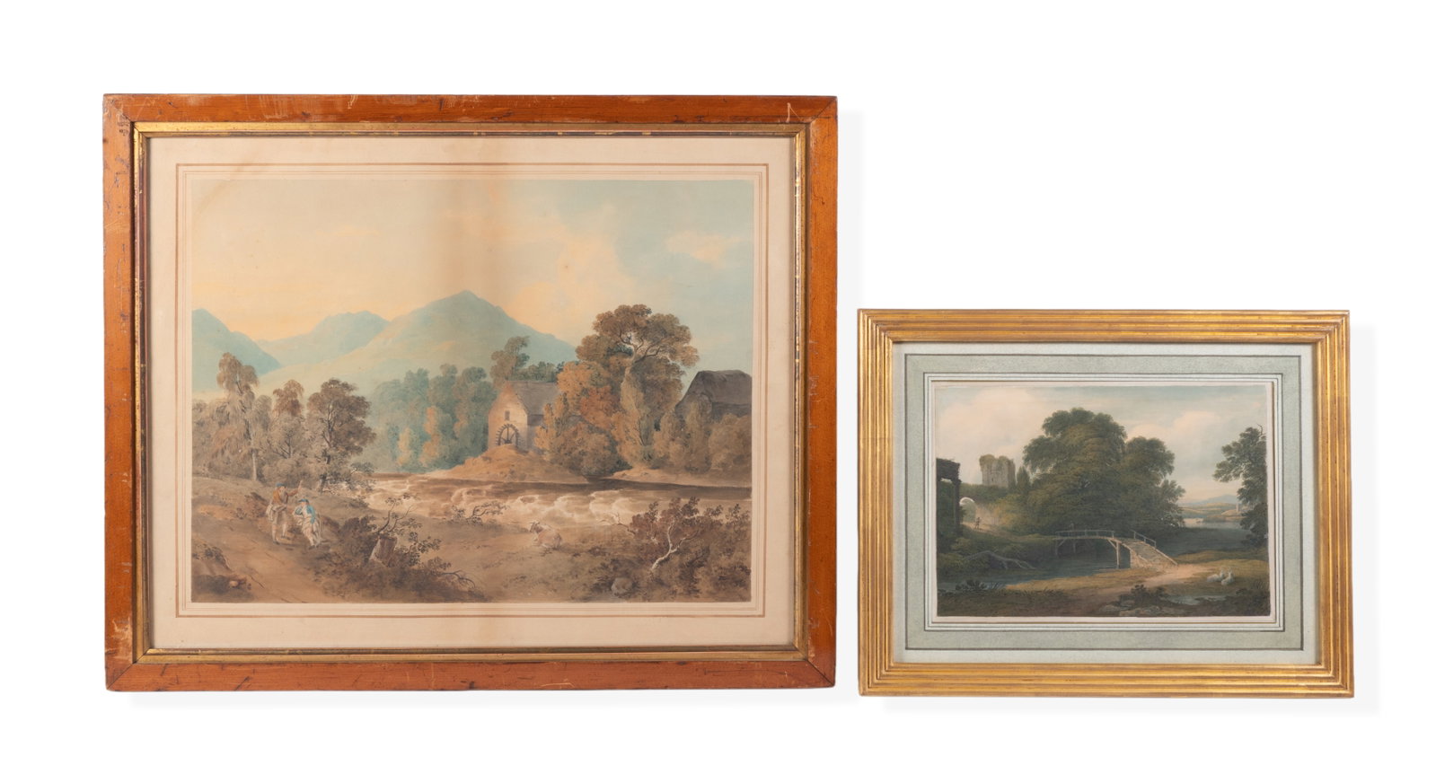 BRITISH SCHOOL (19TH CENTURY), BRIDGE OVER A RIVER IN A WOODED LANDSCAPE WITH RUINS BEYOND: BRITISH SCHOOL (19TH CENTURY) BRIDGE OVER A RIVER IN A WOODED LANDSCAPE WITH RUINS BEYOND Watercolour over touches of pencil 21 x 31cm (8¼ x 12in.) and