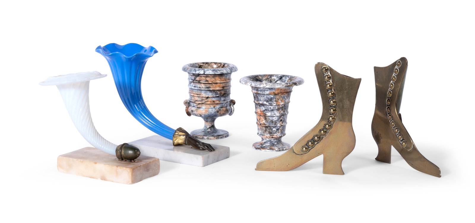 A BRASS MOUNTED BLUE OPALINE GLASS CORNUCOPIA VASE, WITH FIVE FURTHER ITEMS: AN EARLY VICTORIAN BRASS MOUNTED BLUE OPALINE GLASS CORNUCOPIA VASE ON MARBLE BASE MID 19TH CENTURY 18cm high, base 15.5 x 8cm Together with another white opaline glass example, 15.5cm high,