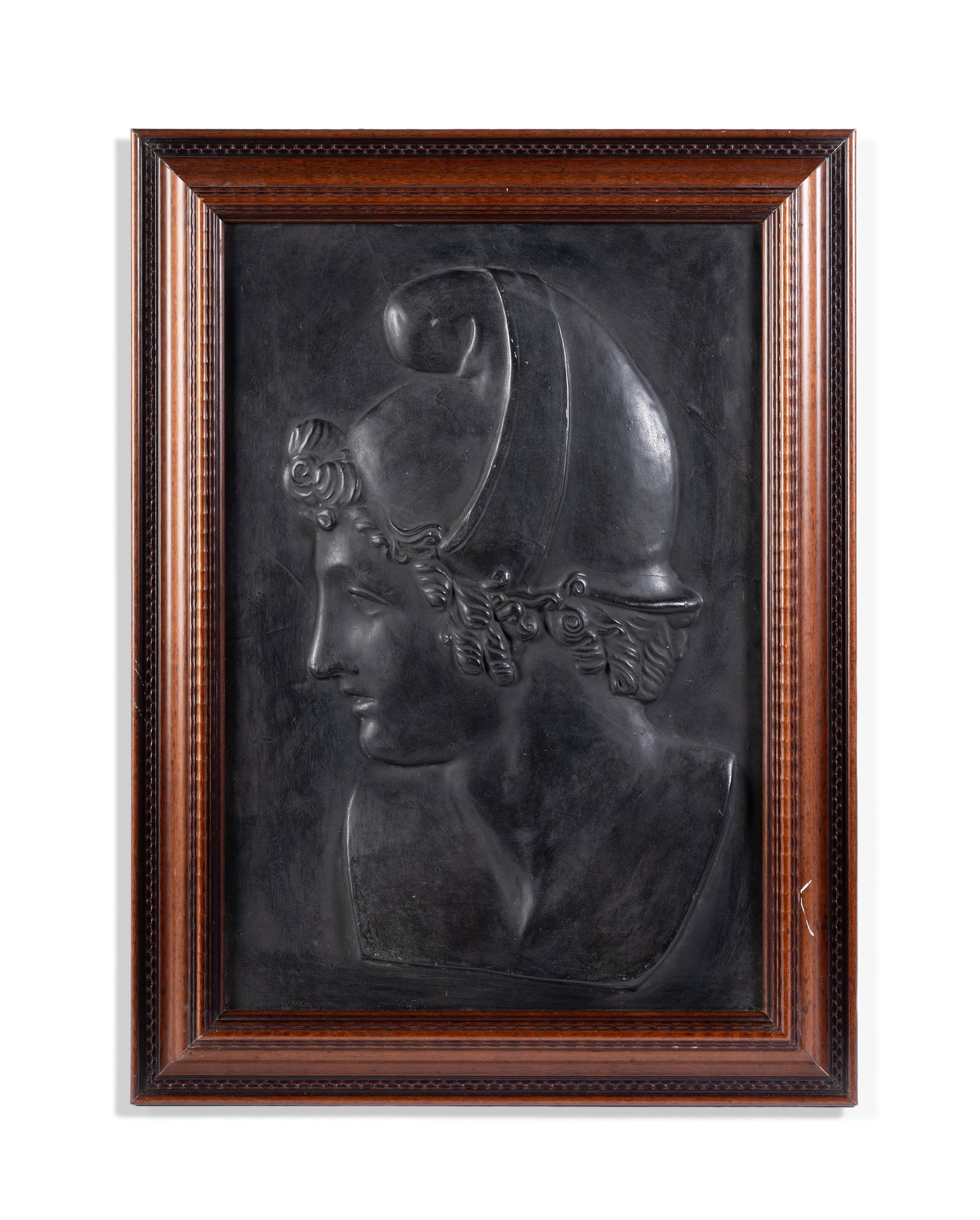 A BLACK PAINTED COMPOSITION RELIEF OF A MAN, 20TH CENTURY: A BLACK PAINTED COMPOSITION RELIEF OF A MAN 20TH CENTURY Possibly Perseus or Ganymede 49.5cm x 34cm Condition Report Disclaimer