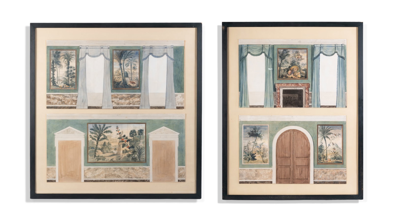 λ GEORGE OAKES (BRITISH 1927-2017), A SET OF FOUR INTERIOR DESIGN ELEVATIONS: λ GEORGE OAKES (BRITISH 1927-2017) A SET OF FOUR INTERIOR DESIGN ELEVATIONS Watercolour over pencil heightened with white 30 x 47cm (11¾ x 18½in.) Framed in pairs, each with a