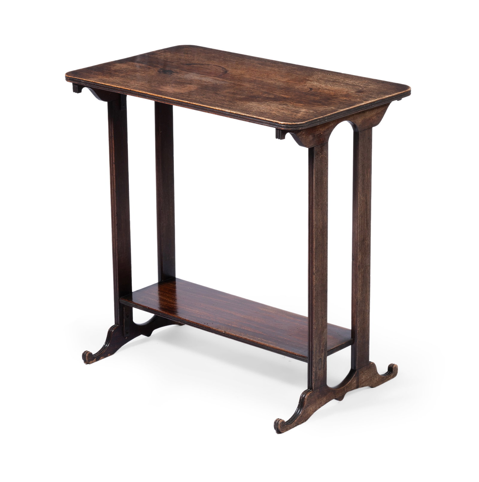 A LATE GEORGE III MAHOGANY TABLE, EARLY 19TH CENTURY: A LATE GEORGE III MAHOGANY TABLE EARLY 19TH CENTURY With dual end supports joined by an undertier, with paper label ‘This table was left to me in his will by the late John Fowler, C.B.E.’
