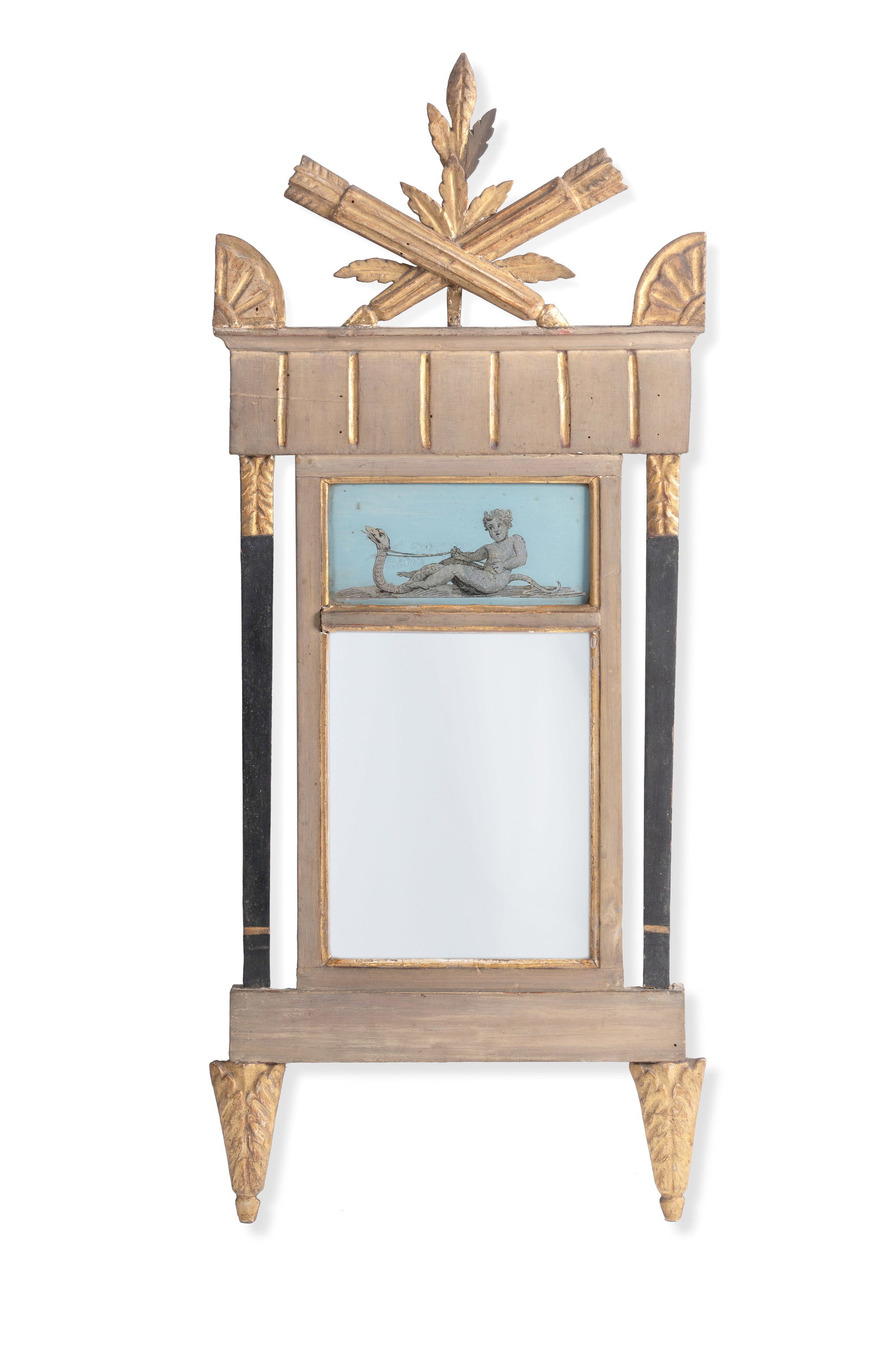 A LOUIS XVI GILTWOOD AND VERRE ÉGLOMISÉ MIRROR, FRENCH, LATE 18TH CENTURY: A LOUIS XVI GILTWOOD AND VERRE ÉGLOMISÉ MIRROR FRENCH, LATE 18TH CENTURY 95cm high, 40cm wide Provenance: A gift from John Fowler, The Hunting Lodge, Hampshire Condition Report