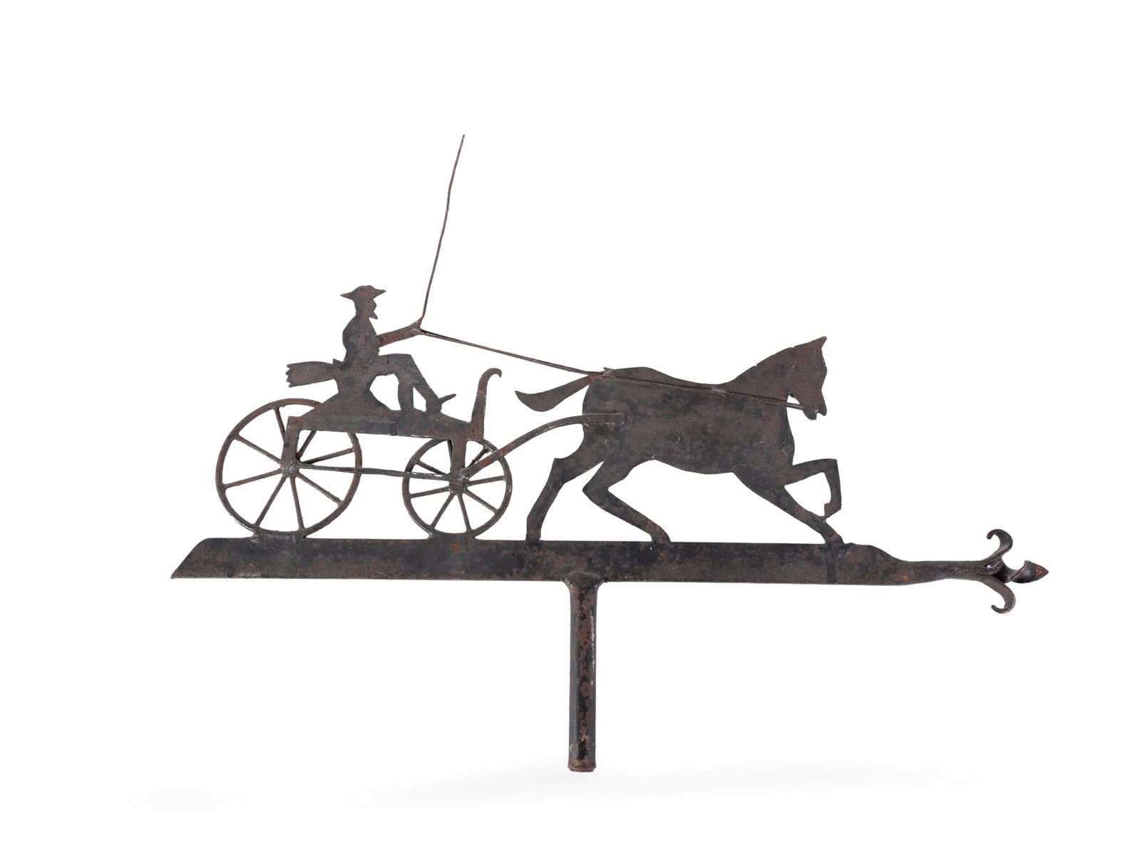 A FOLK ART IRON WEATHERVANE, 20TH CENTURY: A FOLK ART IRON WEATHERVANE 20TH CENTURY Modelled with a horse drawn trap and driver 50cm high, 67cm wide Condition Report Disclaimer