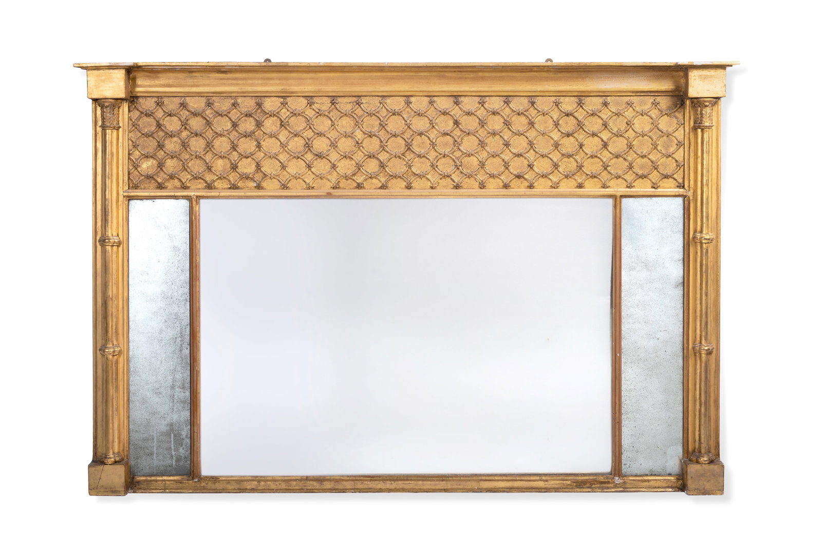 A REGENCY GILTWOOD AND COMPOSITION OVERMANTEL MIRROR, EARLY 19TH CENTURY: A REGENCY GILTWOOD AND COMPOSITION OVERMANTEL MIRROR EARLY 19TH CENTURY With a blind trellis frieze above three plates flanked by cluster columns 105cm high, 154cm wi