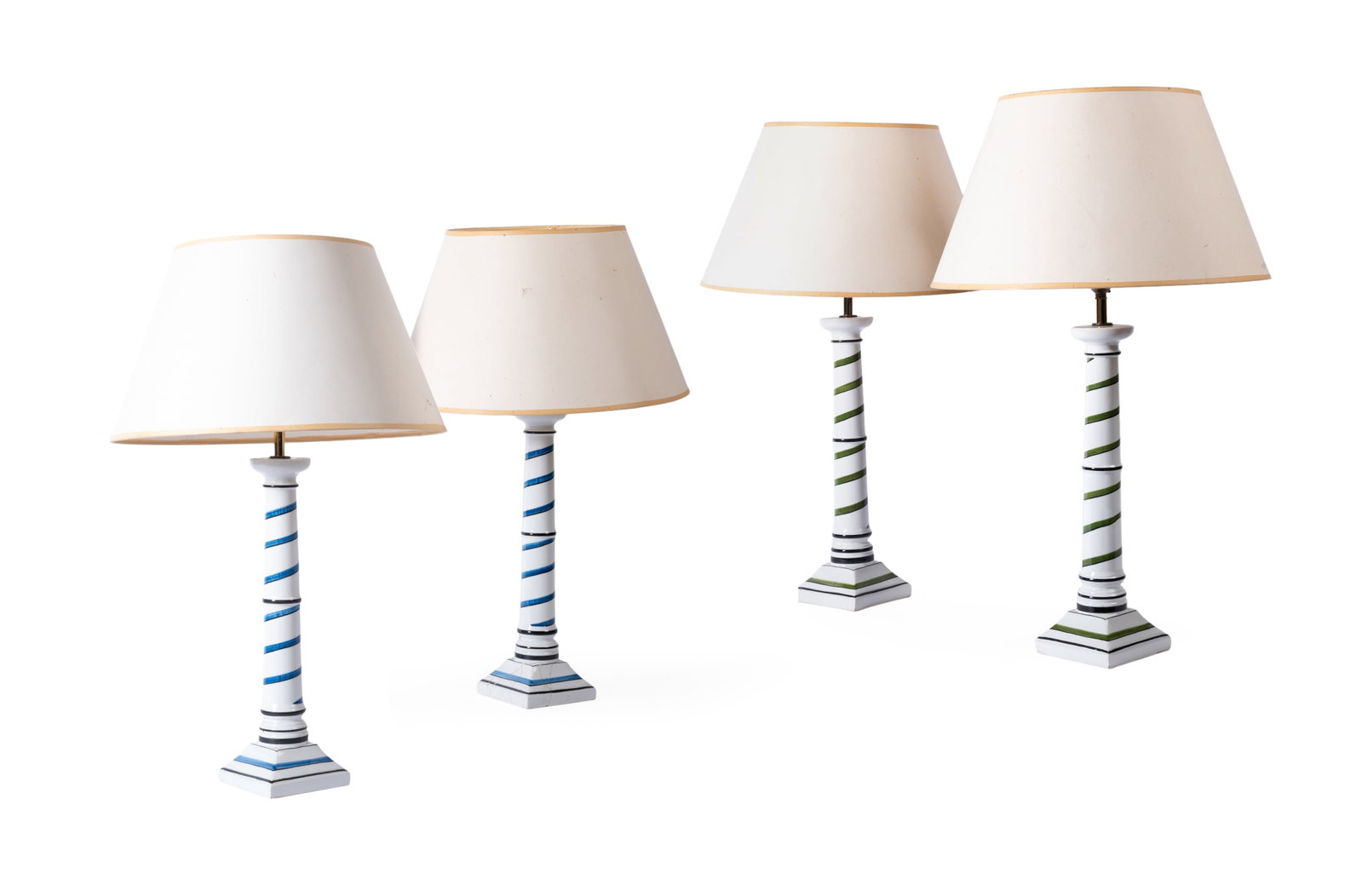 TWO PAIRS OF SPIRAL PAINTED CERAMIC TABLE LAMPS, BY SIBYL COLEFAX & JOHN FOWLER, LATE 20TH CENTURY: TWO PAIRS OF SPIRAL PAINTED CERAMIC TABLE LAMPS BY SIBYL COLEFAX & JOHN FOWLER, LATE 20TH CENTURY One pair with green spirals, the other pair with blue spirals, fitted for electricity, with card