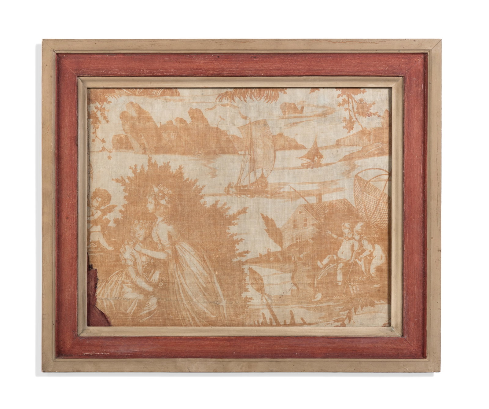 A TOILE DE JOUY FRAGMENT, POSSIBLY 19TH CENTURY: A TOILE DE JOUY FRAGMENT POSSIBLY 19TH CENTURY With a paper label ‘This was left to me in his will by the late John Fowler, C.B.E.’ 31 x 40cm Provenance: A gift from John Fowler, The