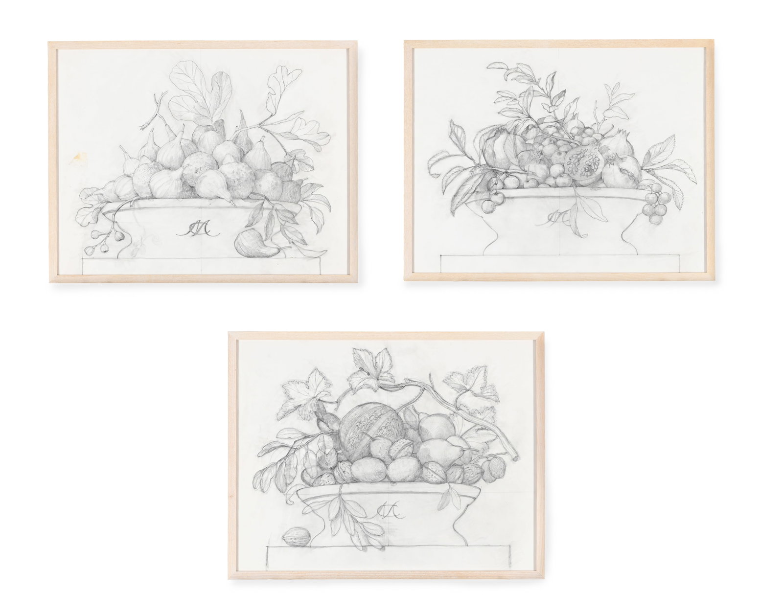 λ GEORGE OAKES (BRITISH 1927-2017), THREE PREPARATORY SKETCHES OF FRUIT IN A BASKET: λ GEORGE OAKES (BRITISH 1927-2017) THREE PREPARATORY SKETCHES OF FRUIT IN A BASKET Pencil 41 x 53cm (16 x 20¾in.) Condition Report Disclaimer
