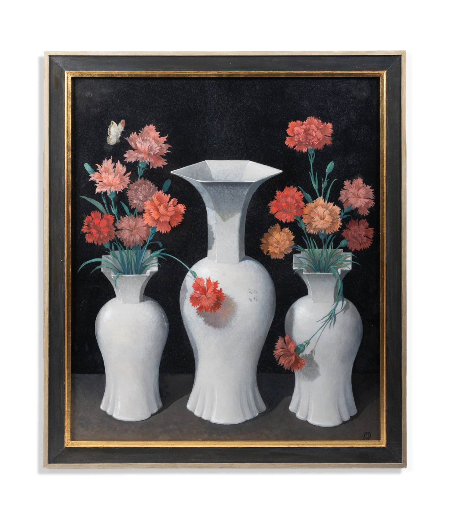 λ GEORGE OAKES (BRITISH 1927-2017), A PAINTED CHIMNEYBOARD DEPICTING THREE VASES WITH CARNATION: λ GEORGE OAKES (BRITISH 1927-2017) A PAINTED CHIMNEYBOARD DEPICTING TH
