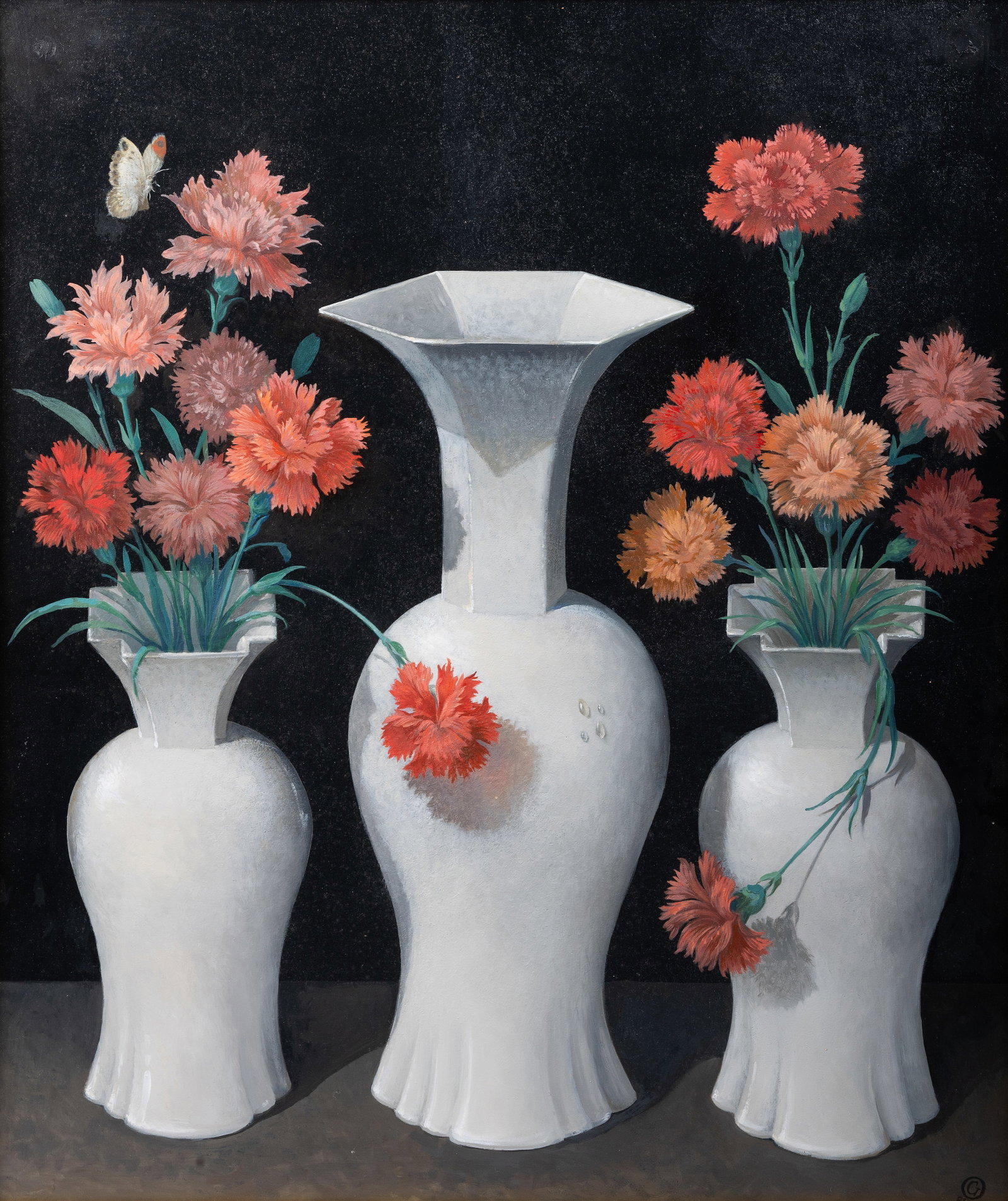 λ GEORGE OAKES (BRITISH 1927-2017), A PAINTED CHIMNEYBOARD DEPICTING THREE VASES WITH CARNATION - 2