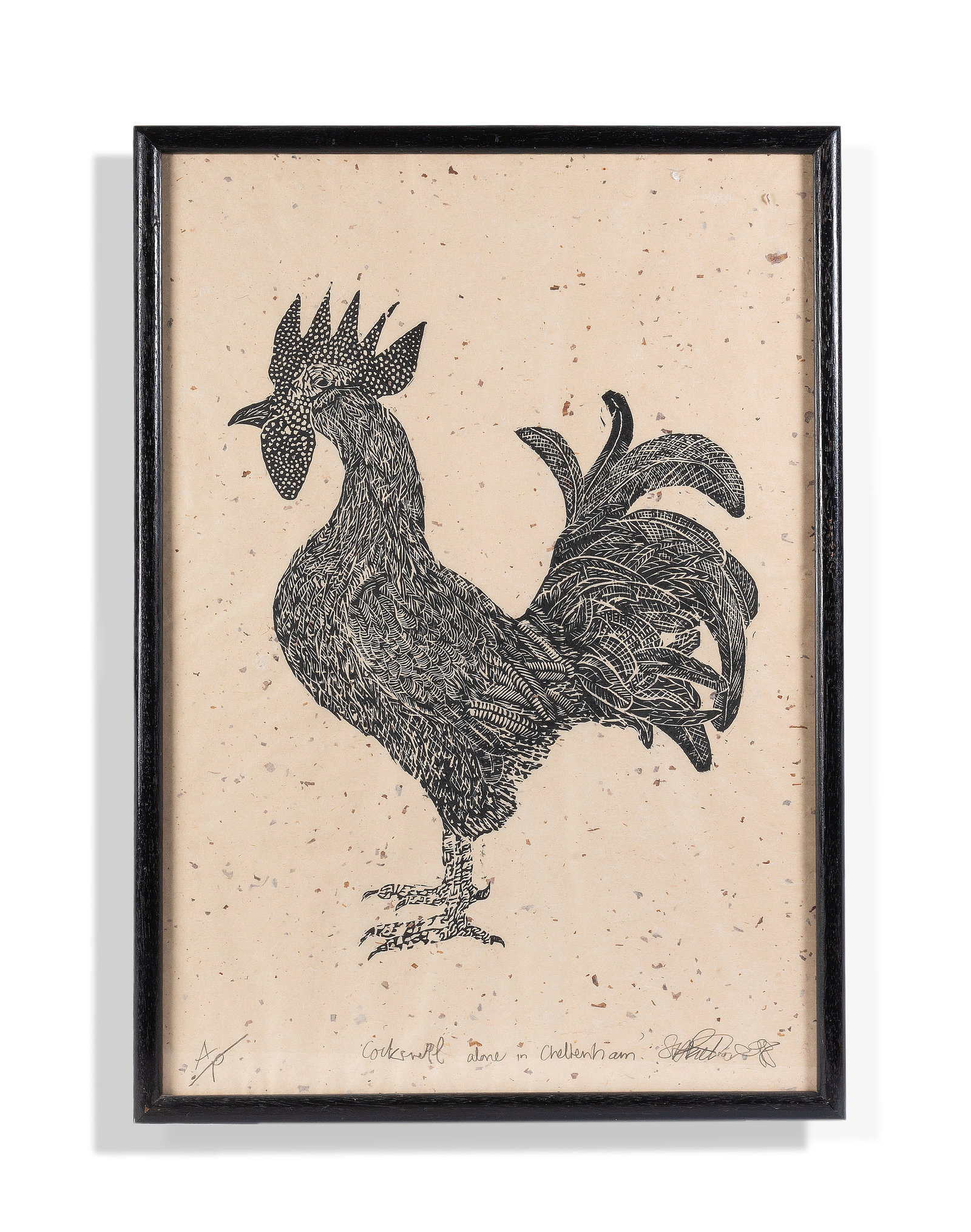 λ SIMON PACKARD (BRITISH B. 1960), COCKEREL ALONE IN CHELTENHAM: λ SIMON PACKARD (BRITISH B. 1960) COCKEREL ALONE IN CHELTENHAM Woodcut on handmade paper Signed and titled (lower left and centre) 82 x 56.5cm (32¼ x 22in.) Provenance: Acquired from