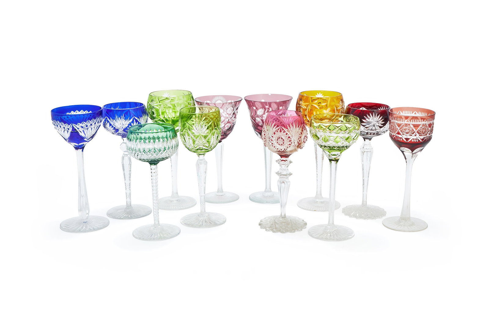 A HARLEQUIN GROUP OF TWELVE CZECH HOCK GLASSES, 20TH CENTURY (1 of 2)