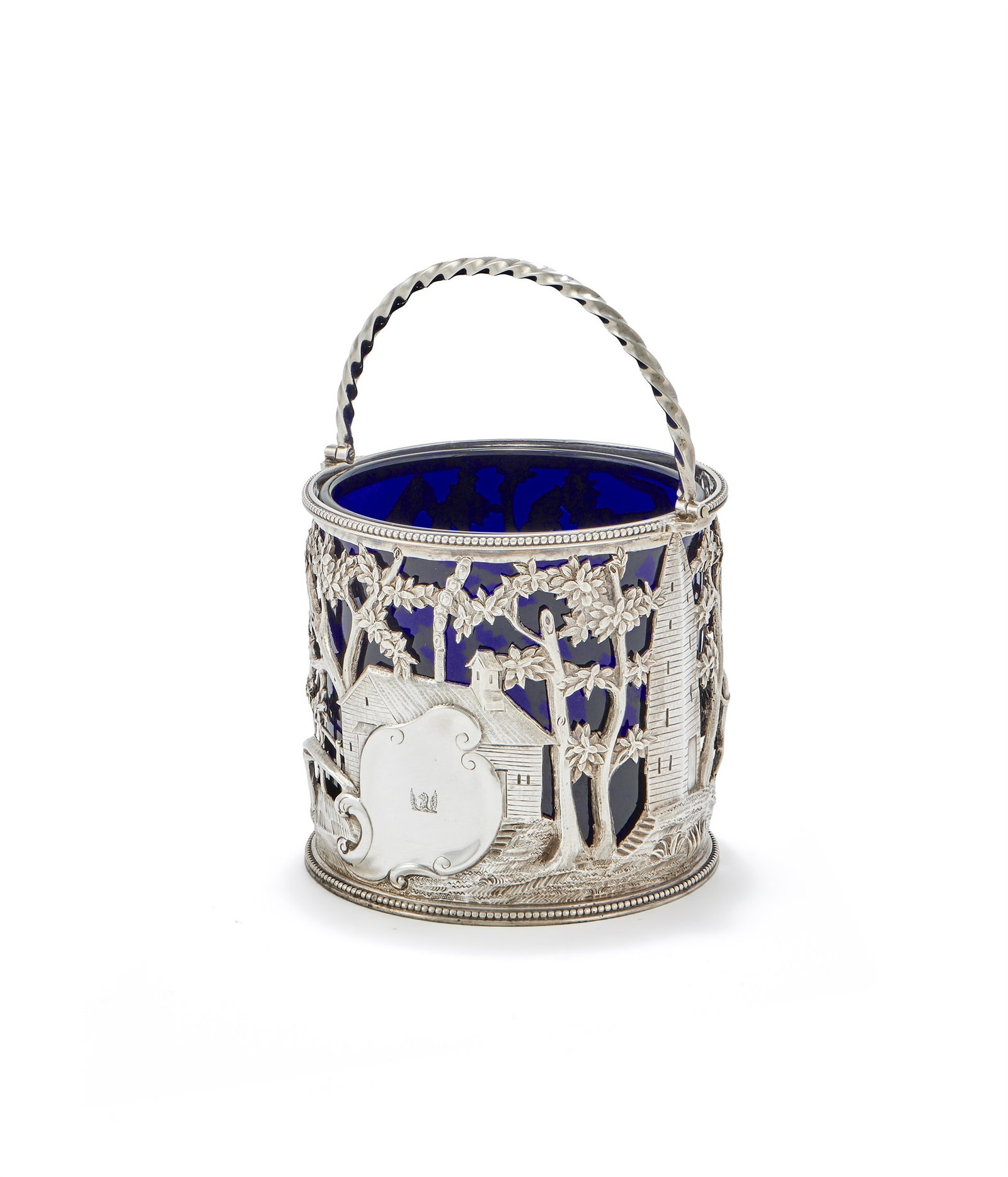 A GEORGE III SILVER SWING HANDLED CREAM PAIL, ROBERT HENNELL, LONDON 1782: A GEORGE III SILVER SWING HANDLED CREAM PAILROBERT HENNELL, LONDON 1782With a cable twist swing loop handle, beaded borders, pierced and chased with a bird, trees, a windmill, a barn and a cartouche e