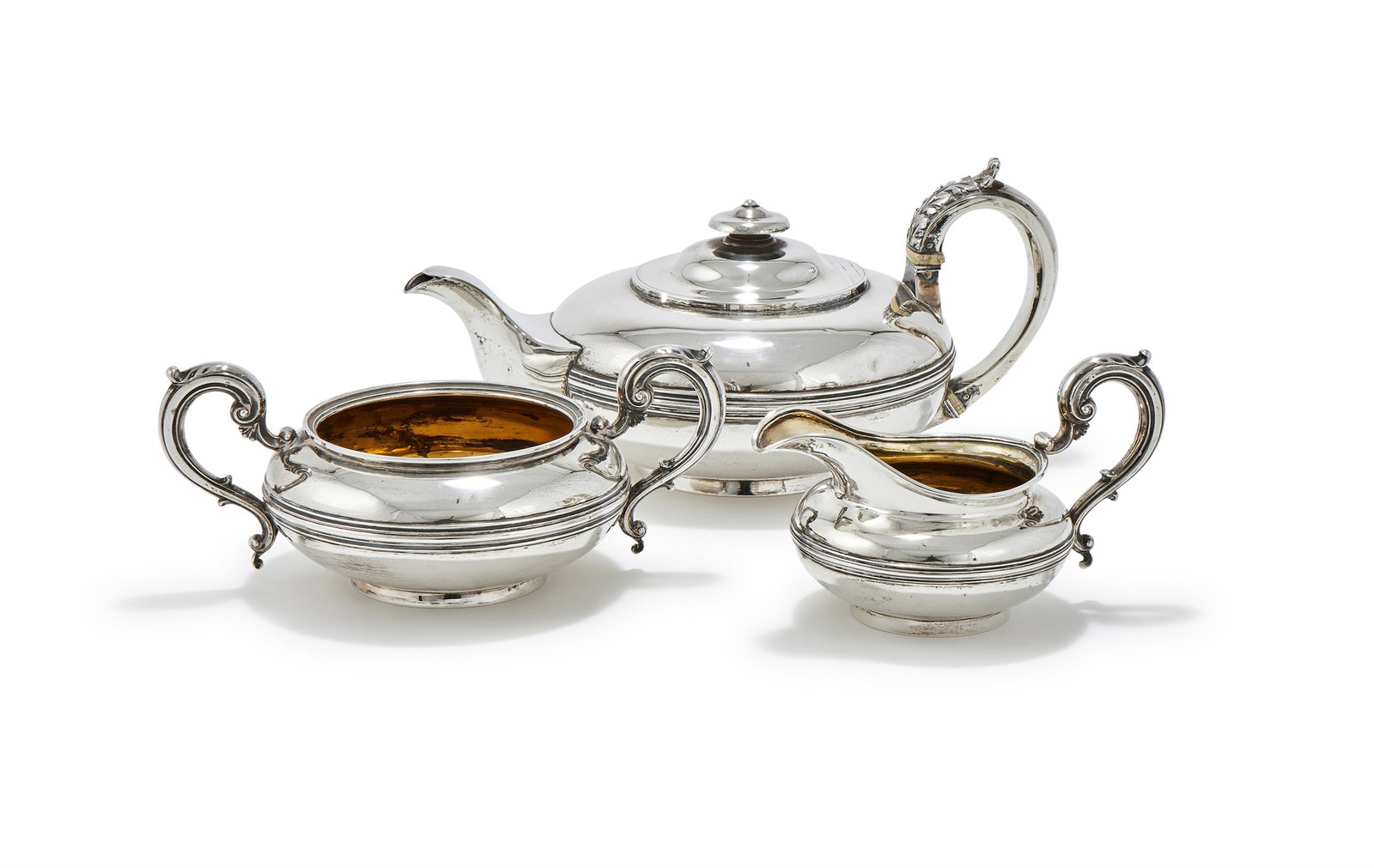 Y A GEORGE IV SILVER THREE PIECE CIRCULAR TEA SET, REBECCA EMES & EDWARD BARNARD I (1 of 2)