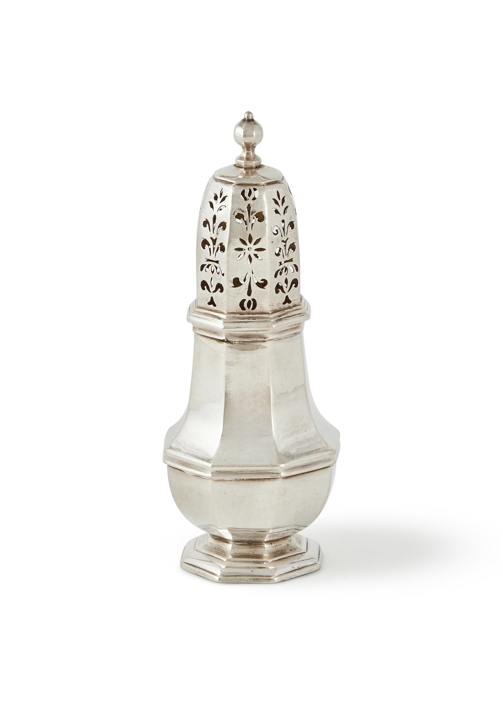 A GEORGE I BRITANNIA STANDARD SILVER OCTAGONAL BALUSTER CASTER, JOSEPH WARD, LONDON 1716 (1 of 2)