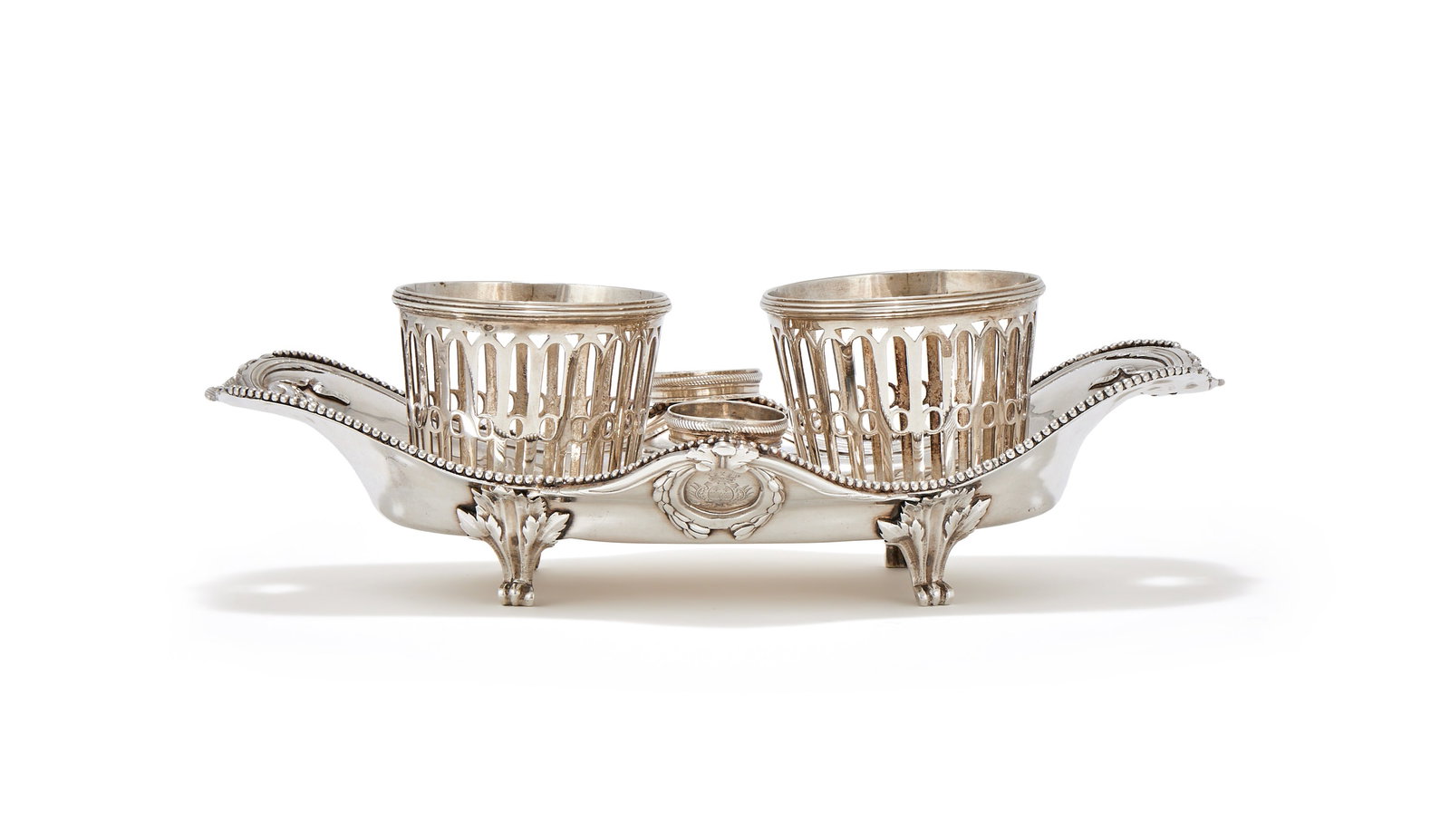 A FRENCH LOUIS XVI SILVER OIL AND VINEGAR CRUET STAND, PARIS, LARGE CHARGE AND DISCHARGES MARKS (1 of 3)