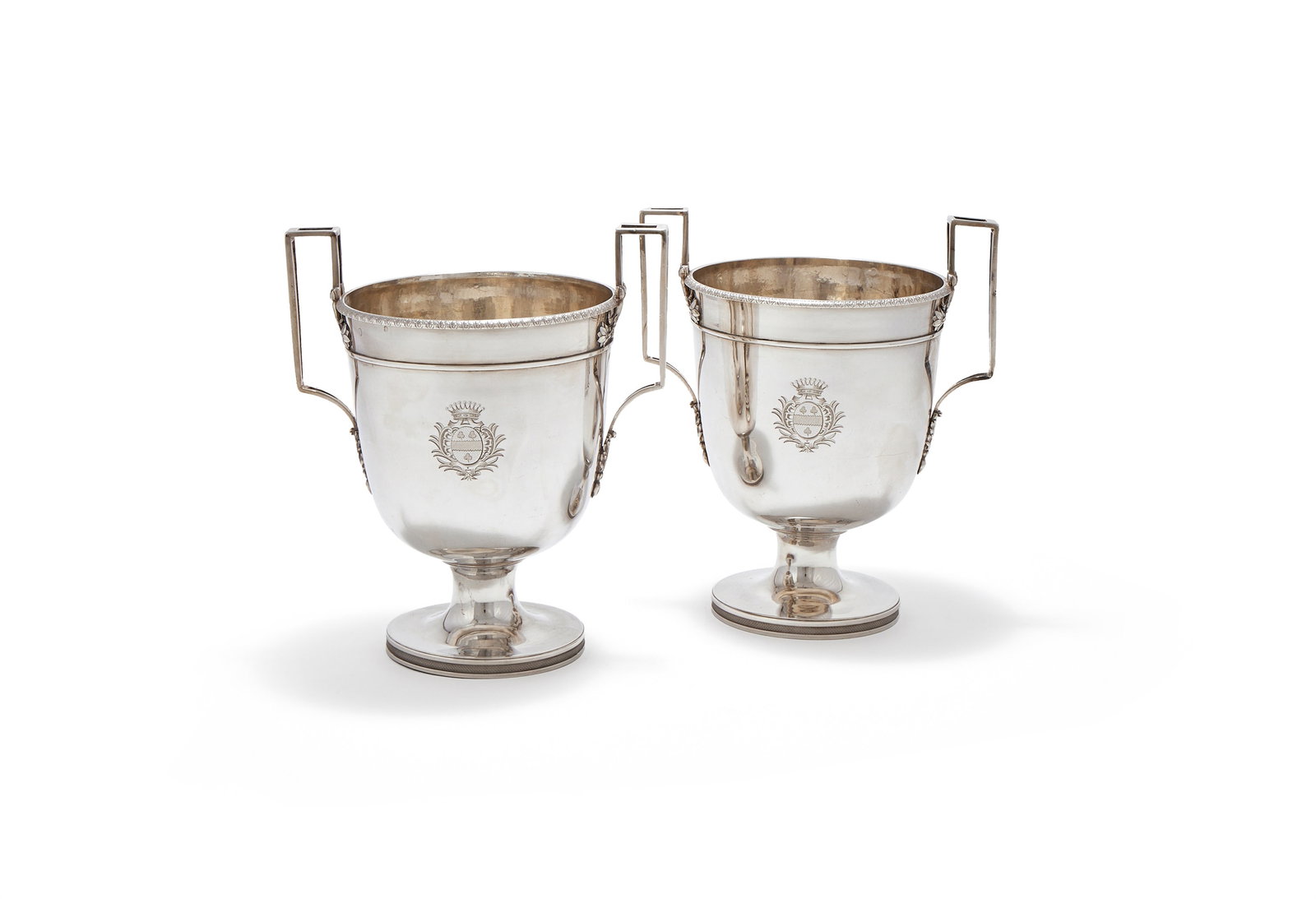 A PAIR OF FRENCH SILVER TWIN HANDLED PEDESTAL WINE COOLERS, MAKER'S MARK AE OVER G (1 of 3)