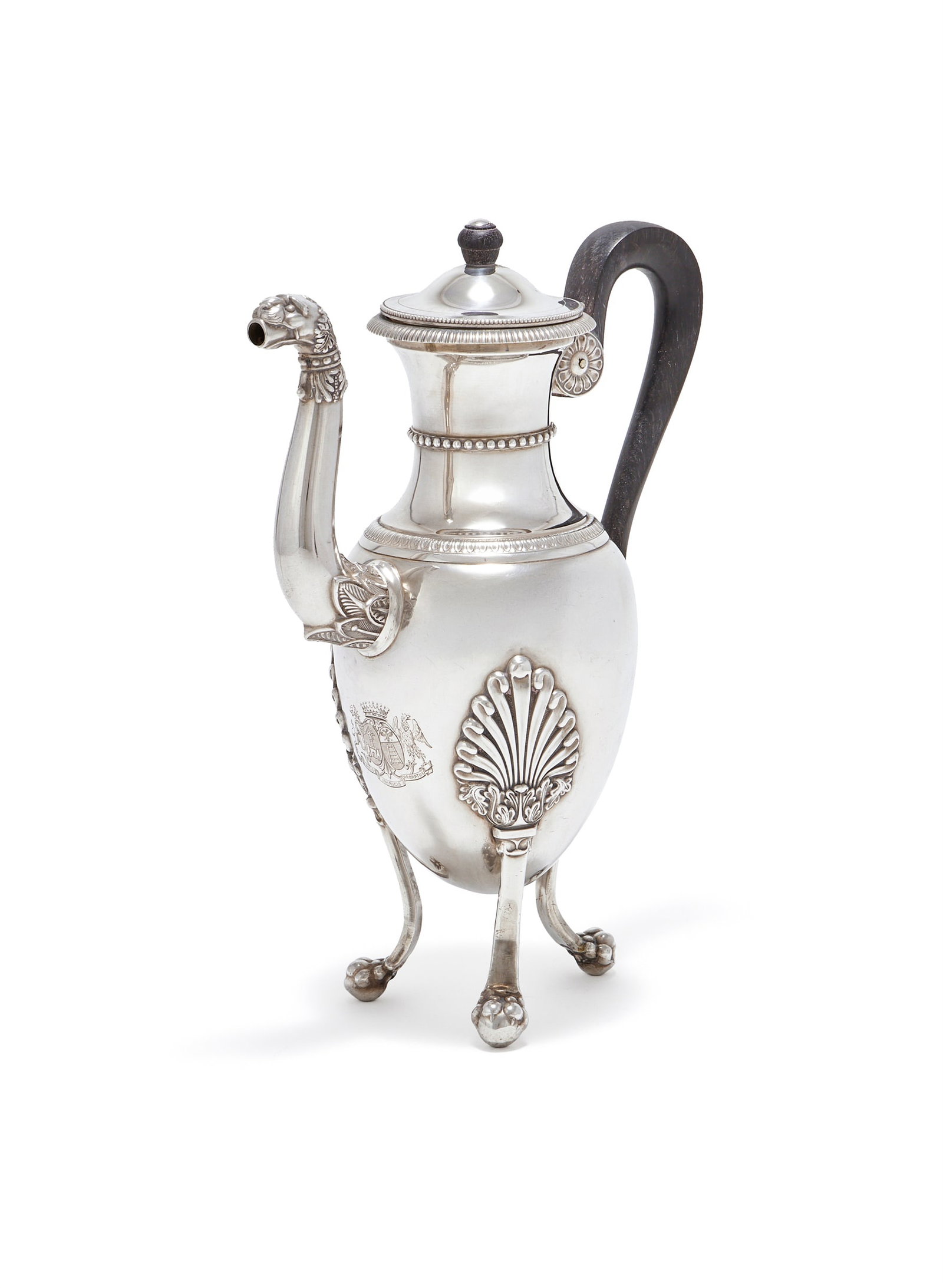 A FRENCH SILVER COFFEE POT, PARIS GUARANTEE MARK, .950 STANDARD, 1819 - 1838: A FRENCH SILVER COFFEE POTPARIS GUARANTEE MARK, .950 STANDARD, 1819 - 1838With a wood finial to the domed cover and scroll handle, engraved with an armorial and on three foliate, ball and claw feet23.