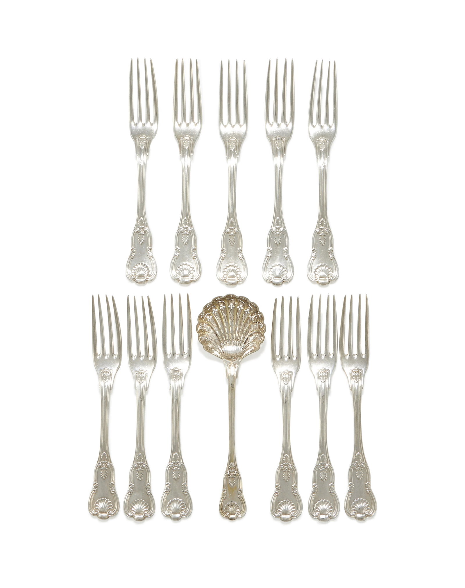 A SET OF ELEVEN FRENCH SILVER KING'S PATTERN TABLE FORKS AND A SIFTING SPOON, PIERRE QUEILLE, PARIS (1 of 2)
