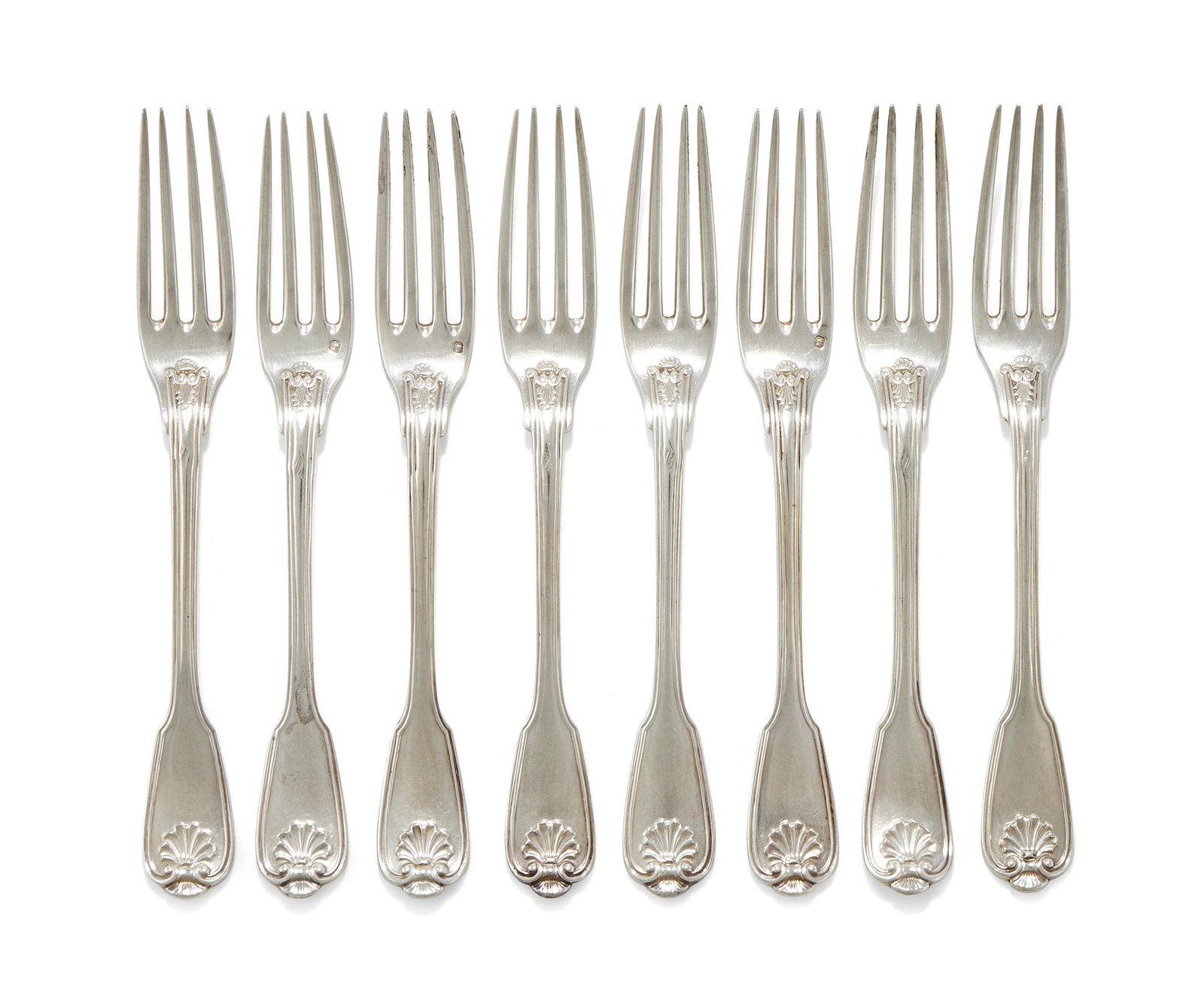 A SET OF EIGHT FRENCH SILVER FIDDLE, SHELL AND THREAD PATTERN DESSERT FORKS, PIERRE QUEILLE, PARIS (1 of 2)