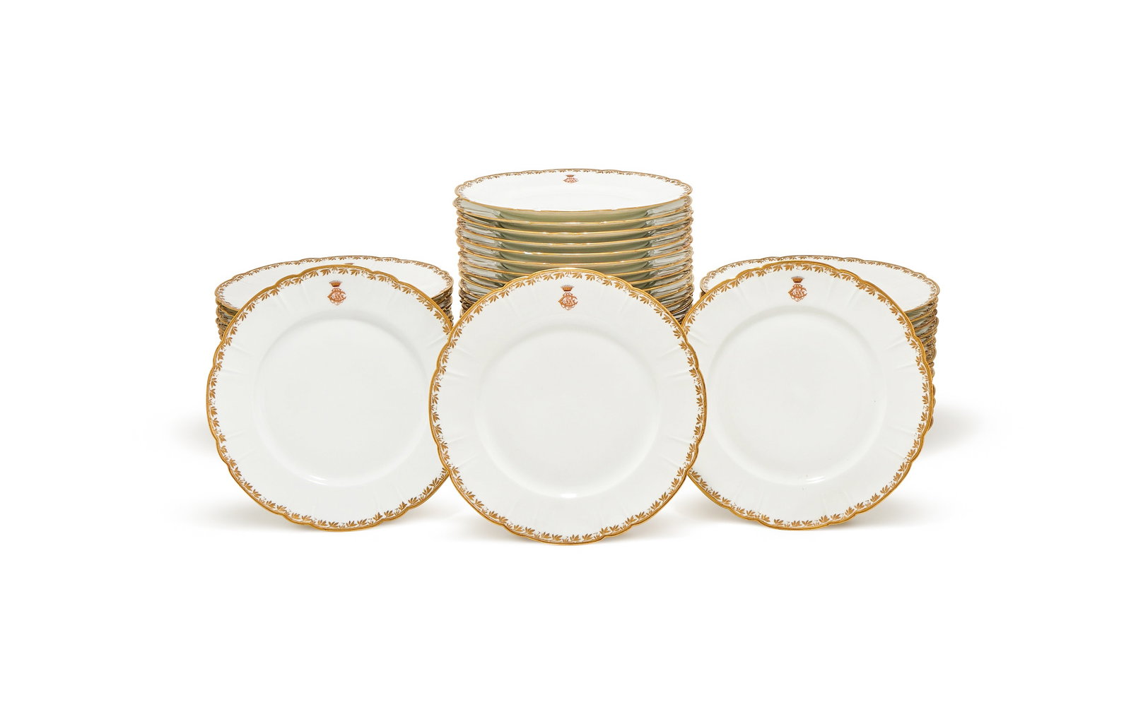 HAVILAND & CO, LIMOGES, A SET OF WHITE PORCELAIN DINNER PLATES, WITH GOLD RIMS AND A MONOGRAM BELOW: HAVILAND & CO, LIMOGES, A SET OF WHITE PORCELAIN DINNER PLATESWITH GOLD RIMS AND A MONOGRAM BELOW A CORONET FOR THE COMTES CHANDON DE BRIAILLESComprising: fifty-six plates, 24.5cm diameter, printed fa