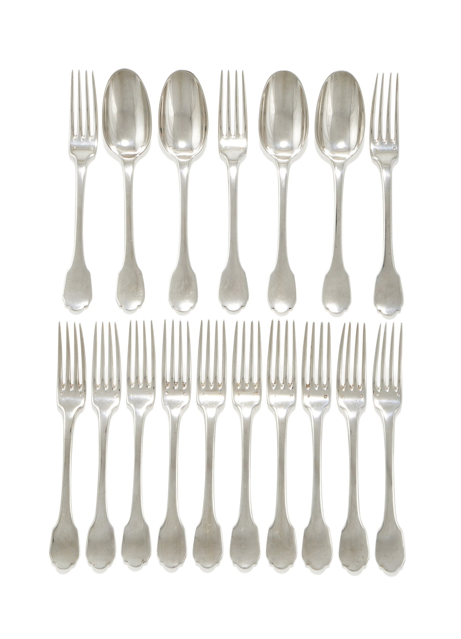 A SET OF THIRTEEN FRECH SILVER TABLE FORKS AND FOUR TABLE SPOONS, ÉMILE PUIFORCAT, PARIS (1 of 2)