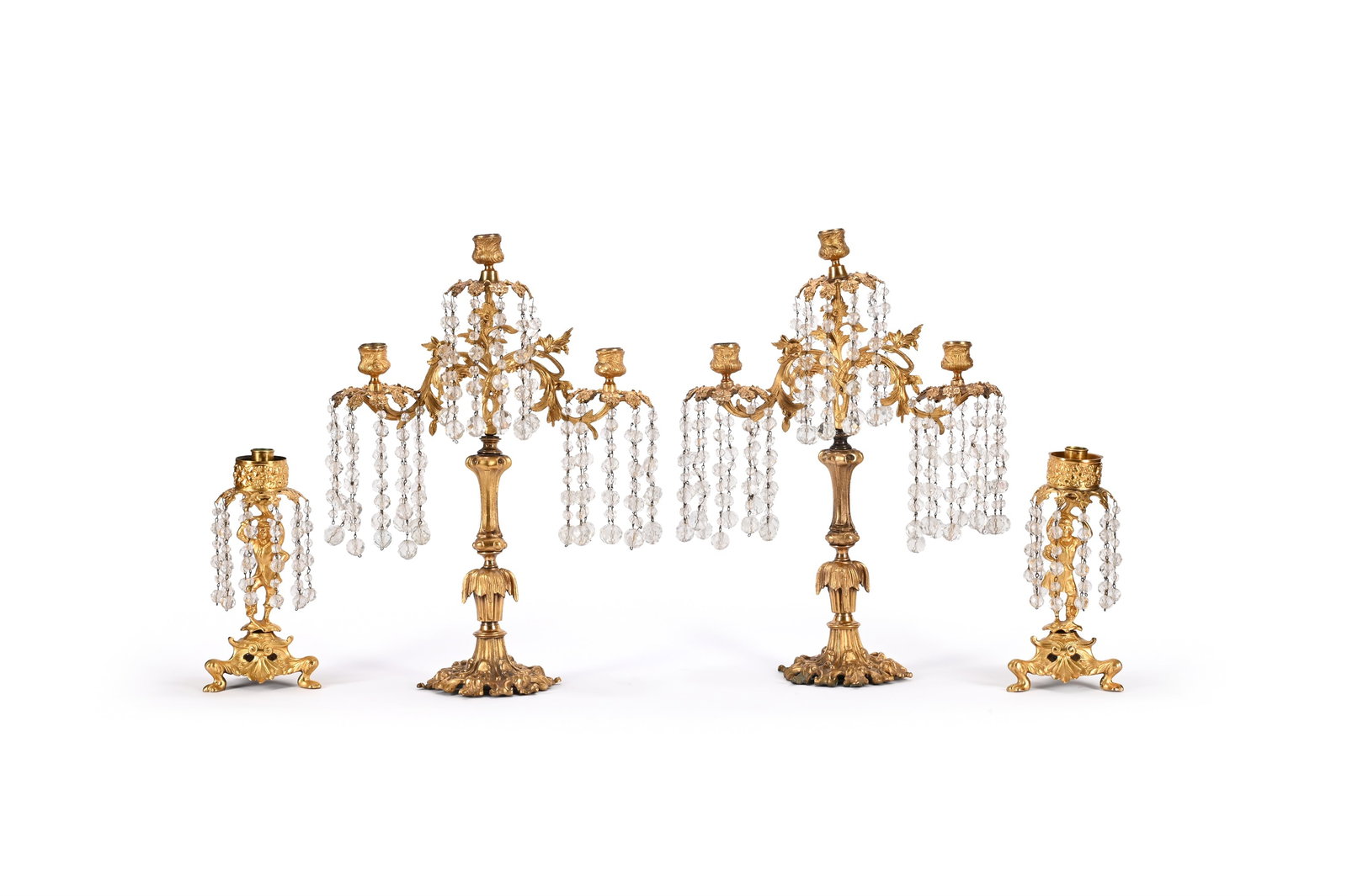 TWO PAIRS OF GLASS MOUNTED GILT METAL CANDLESTICK LUSTRES, FRENCH, LATE 19TH CENTURY (1 of 1)