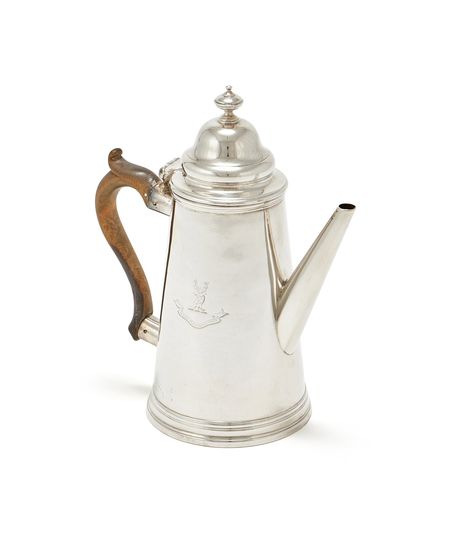 A GEORGE III SILVER TAPERING COFFEE POT, JOHN KIDDER, LONDON 1788: A GEORGE III SILVER TAPERING COFFEE POTJOHN KIDDER, LONDON 1788With an orb finial to the ogee domed cover, a wood scroll handle and engraved with a crest19.5cm high387g (12.45 oz) gross