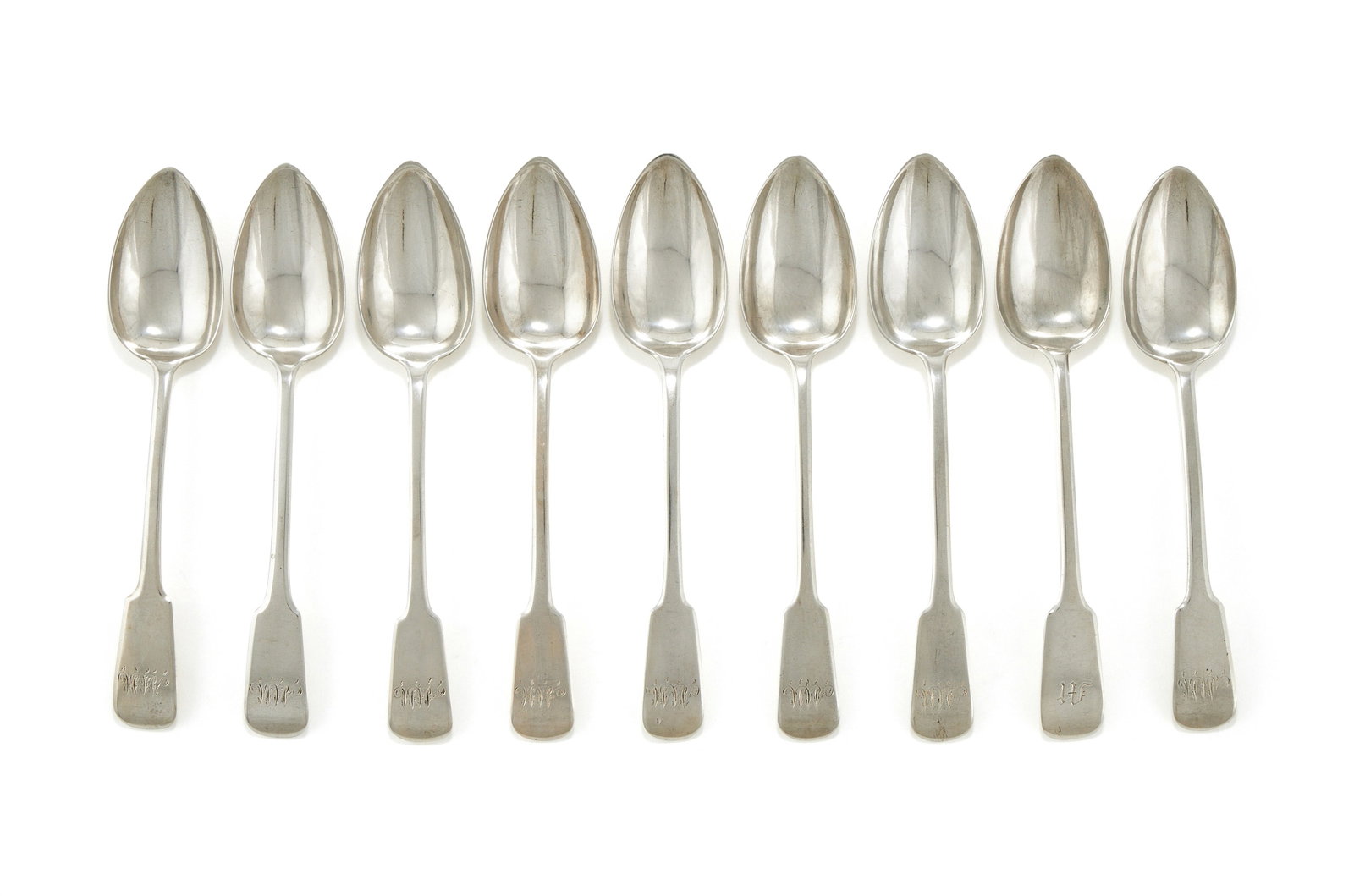 NINE GEORGE III SCOTTISH PROVINCIAL SILVER FIDDLE PATTERN TABLE SPOONS, DONALD FRASER, INVERNESS (1 of 2)