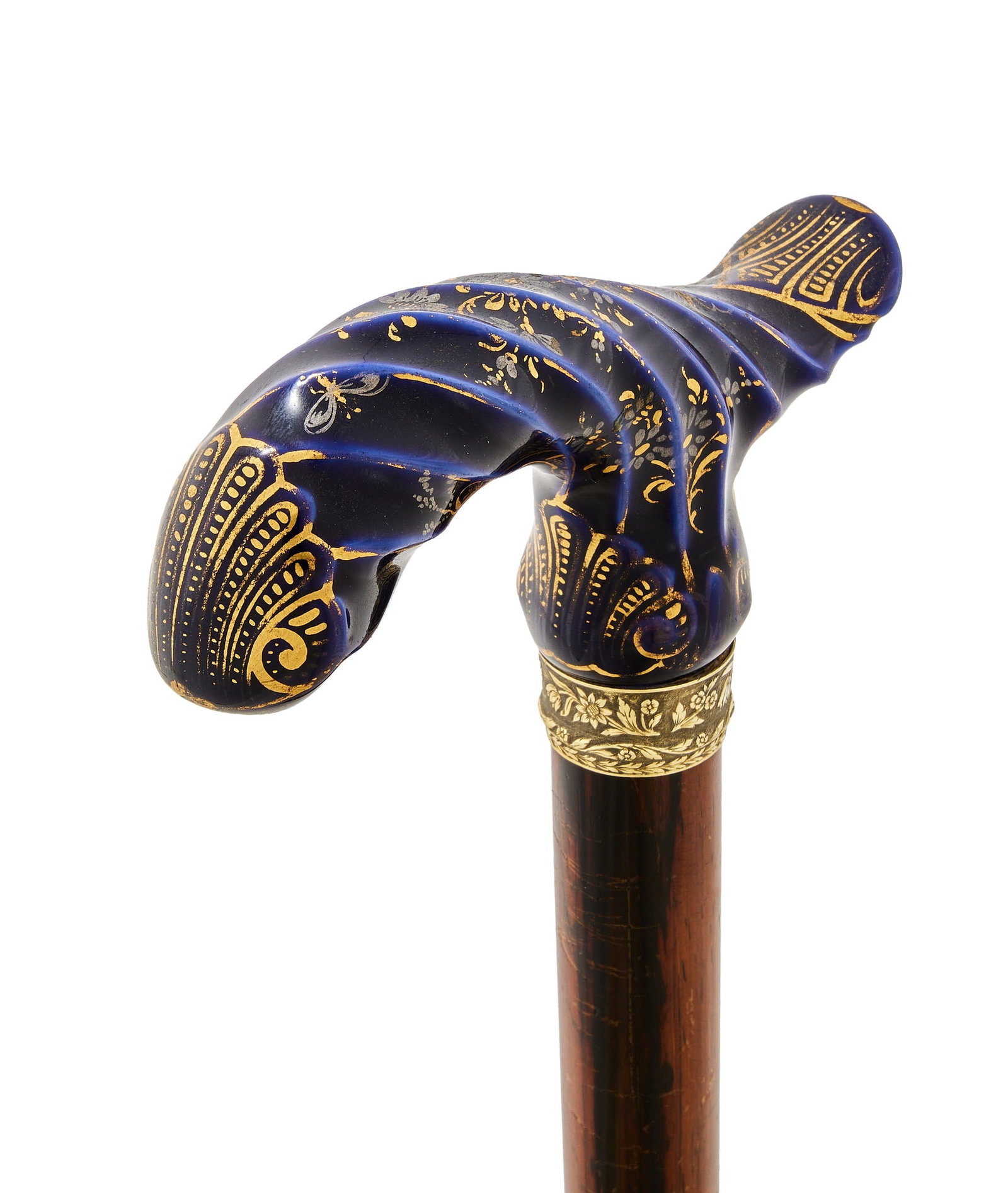 Y A GOLD MOUNTED AND PORCELAIN HANDLED WALKING STICK, UNMARKED, EARLY 19TH CENTURY (1 of 2)